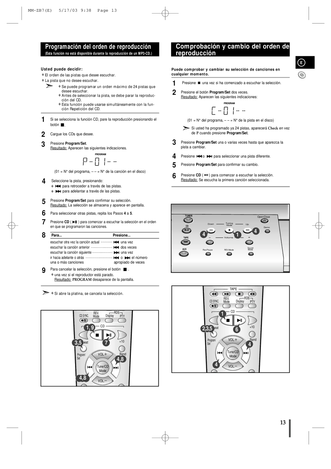 Samsung MMZB7RH/ELS manual Comprobación y cambio del orden de reproducción, Presione Program/Set 