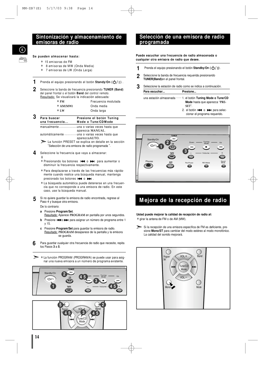 Samsung MMZB7RH/ELS manual Mejora de la recepción de radio, Sintonización y almacenamiento de emisoras de radio 