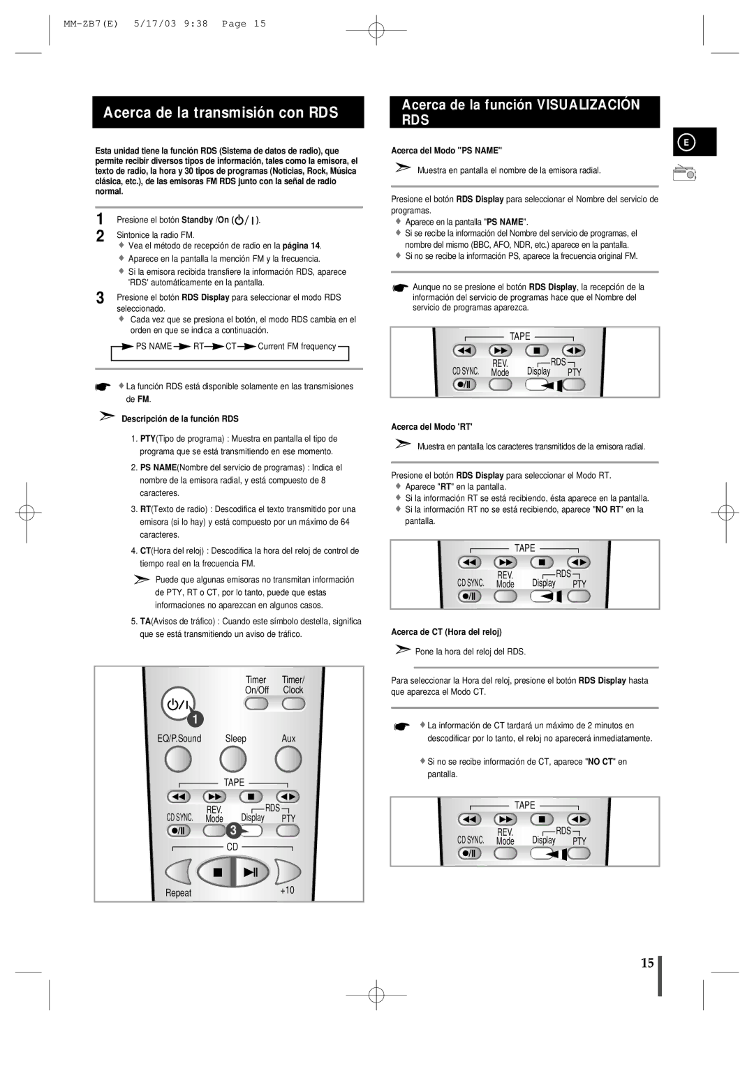 Samsung MMZB7RH/ELS manual Acerca de la transmisión con RDS, Descripció n de la funció n RDS, Acerca del Modo PS Name 