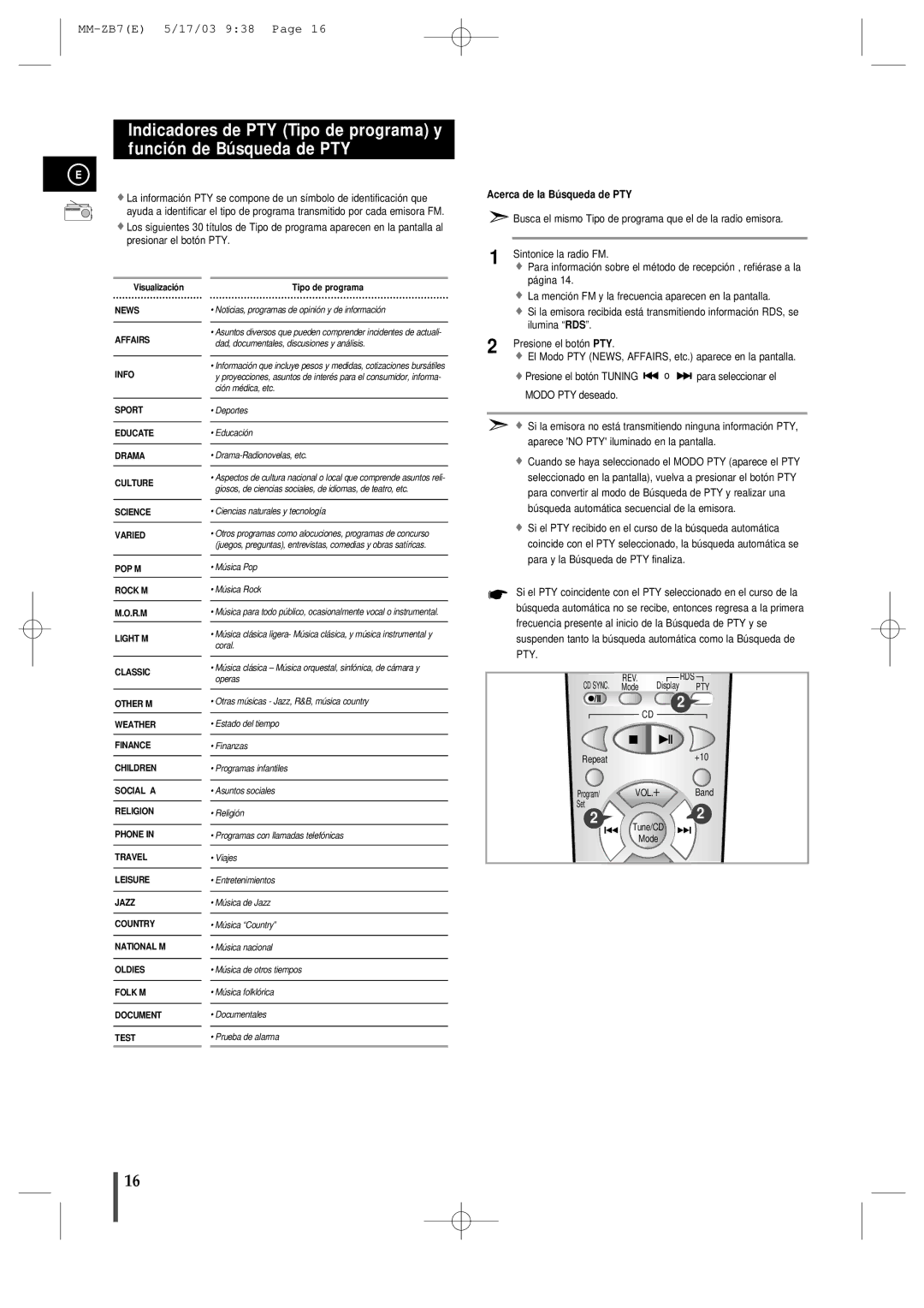 Samsung MMZB7RH/ELS manual Acerca de la Bú squeda de PTY 