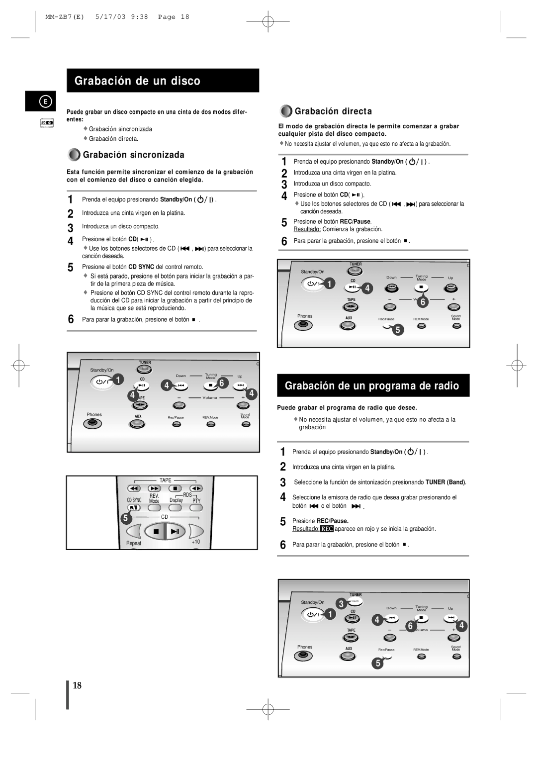 Samsung MMZB7RH/ELS manual Grabación de un disco, Grabación de un programa de radio, Presione REC/Pause 