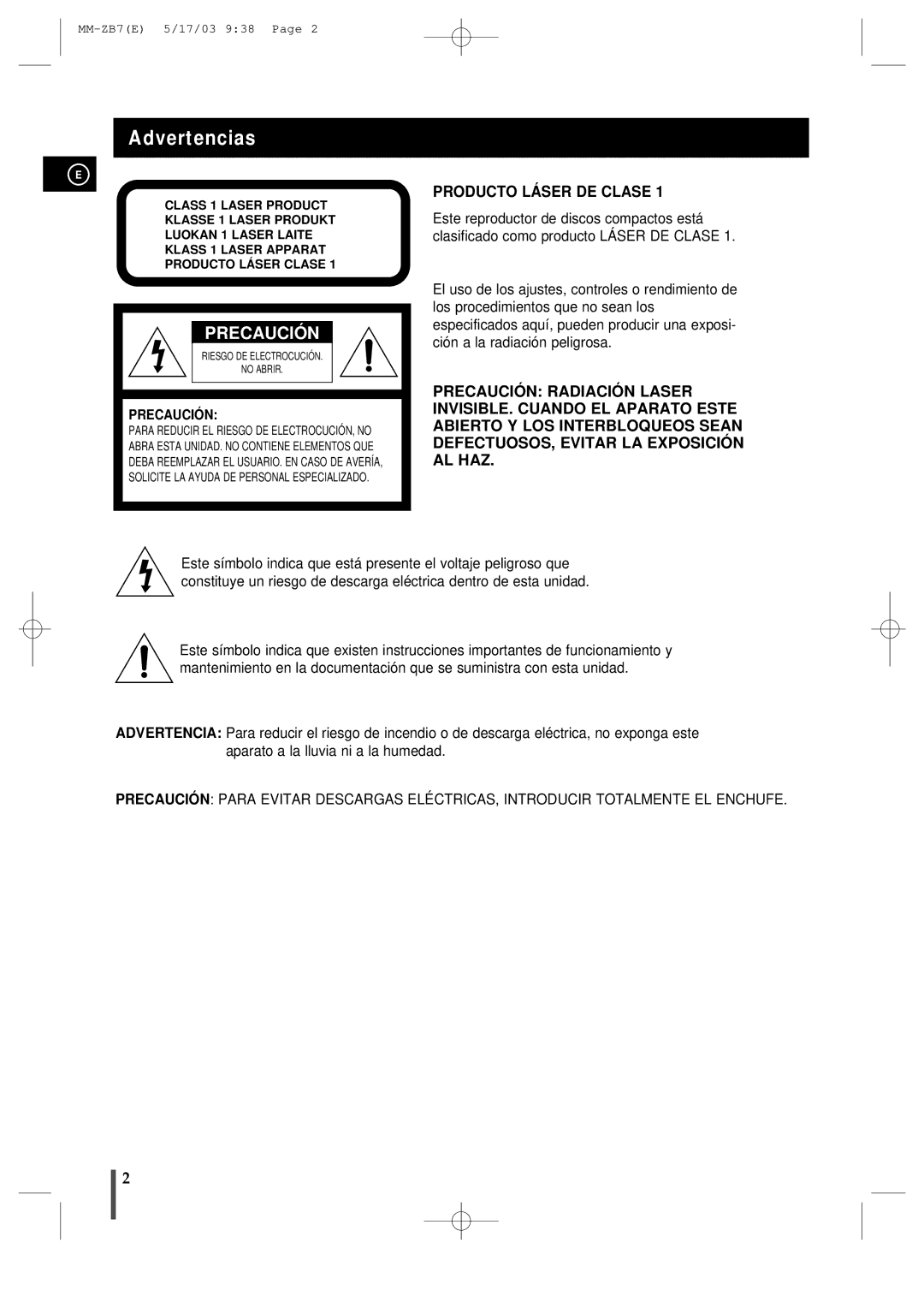 Samsung MMZB7RH/ELS manual Advertencias, Precaución 