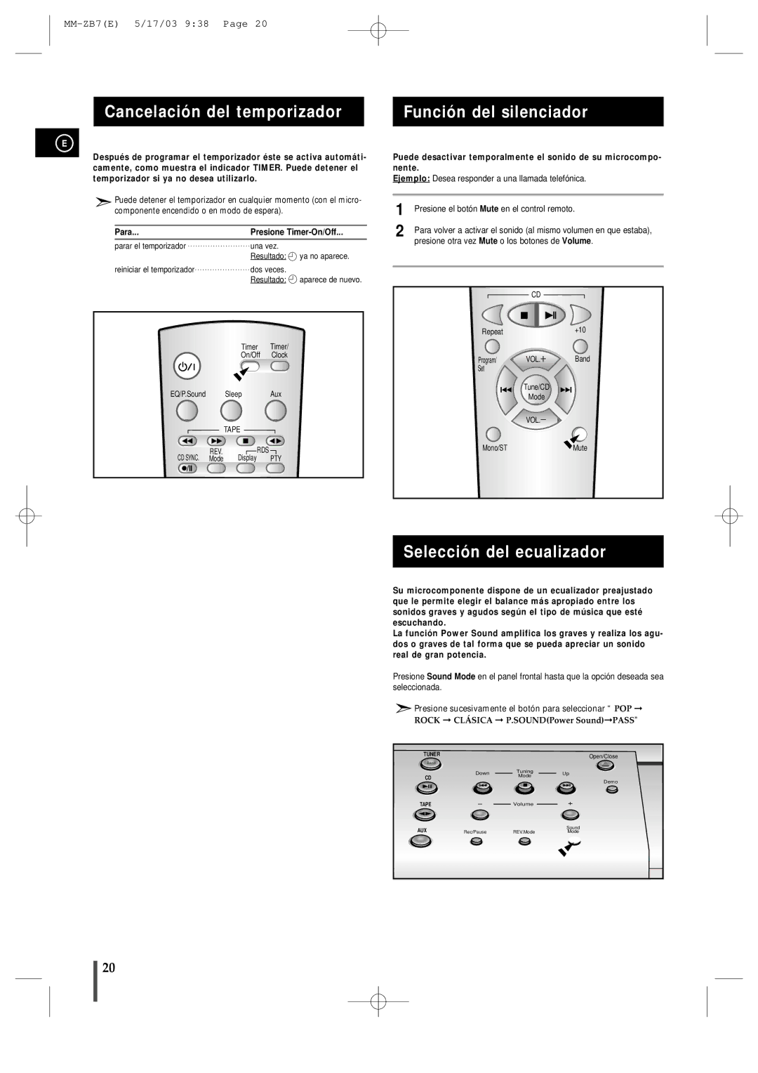 Samsung MMZB7RH/ELS manual Cancelación del temporizador, Función del silenciador, Selección del ecualizador 