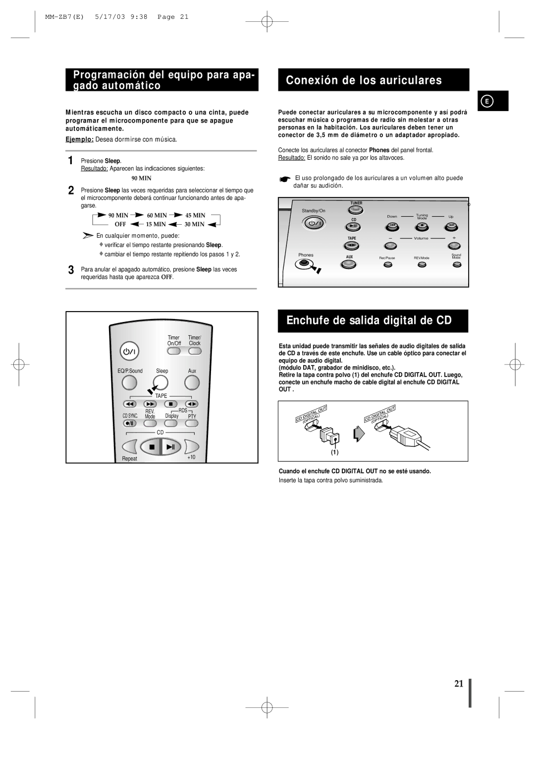 Samsung MMZB7RH/ELS manual Conexión de los auriculares, Enchufe de salida digital de CD, Garse 