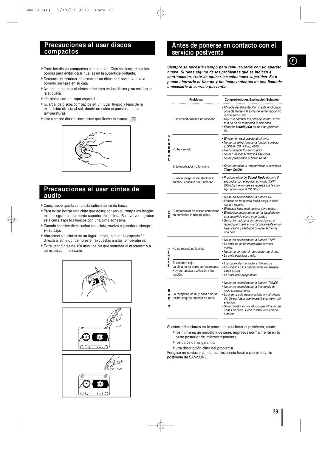 Samsung MMZB7RH/ELS manual Antes de ponerse en contacto con el servicio postventa, Precauciones al usar discos compactos 