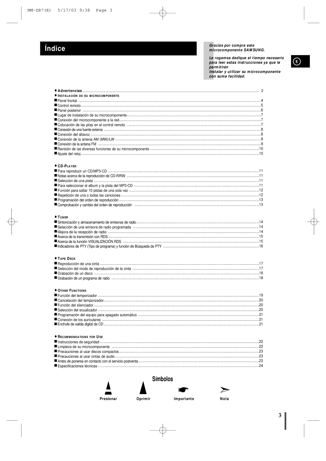 Samsung MMZB7RH/ELS manual Índice, Instalación DE SU Microcomponente 