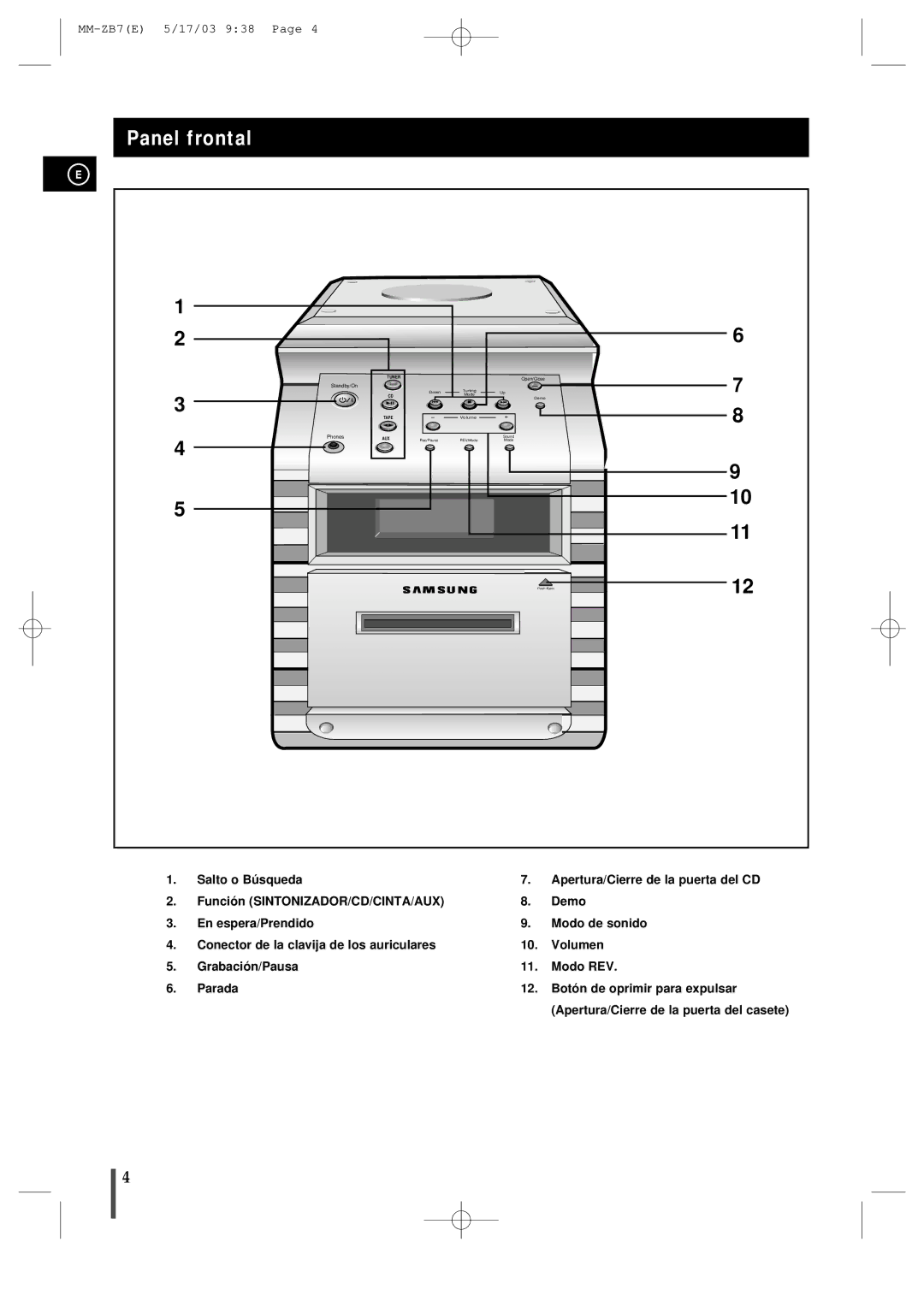 Samsung MMZB7RH/ELS manual Panel frontal, Tuner 