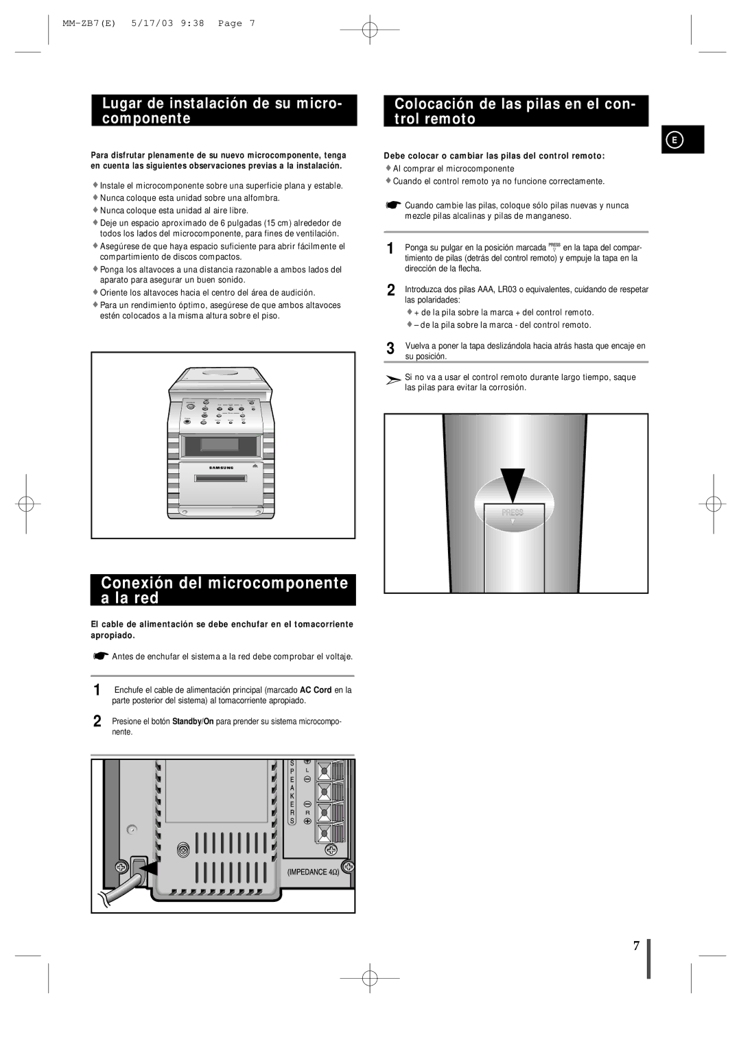 Samsung MMZB7RH/ELS manual Conexión del microcomponente a la red, Lugar de instalación de su micro- componente 