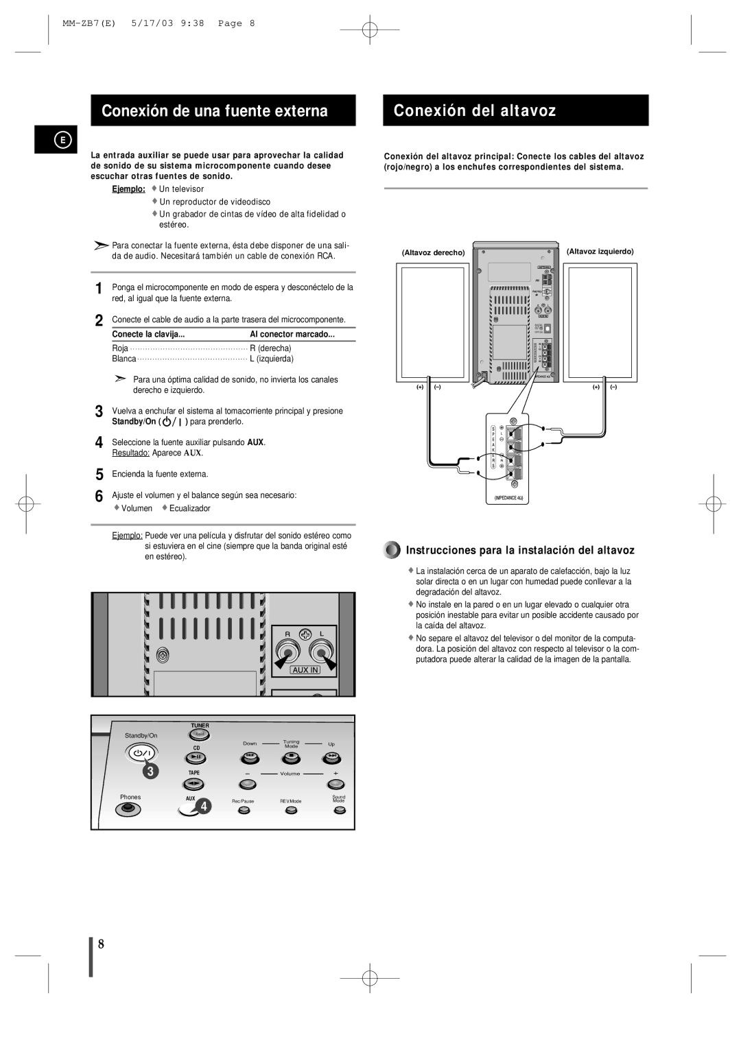 Samsung MMZB7RH/ELS manual Conexión de una fuente externa, Conexión del altavoz, Al conector marcado, Standby/On 