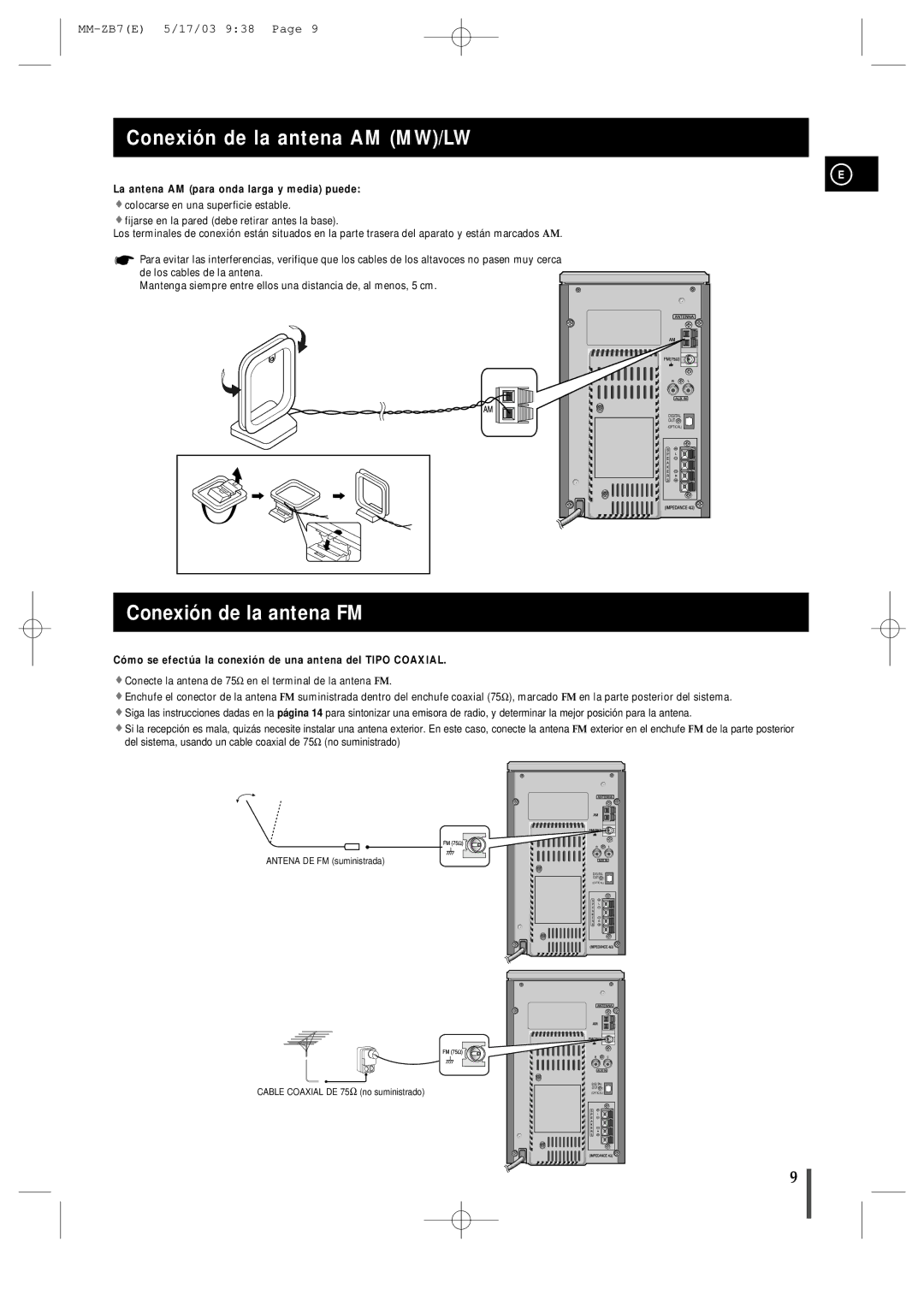 Samsung MMZB7RH/ELS manual Conexión de la antena AM MW/LW, Conexión de la antena FM 