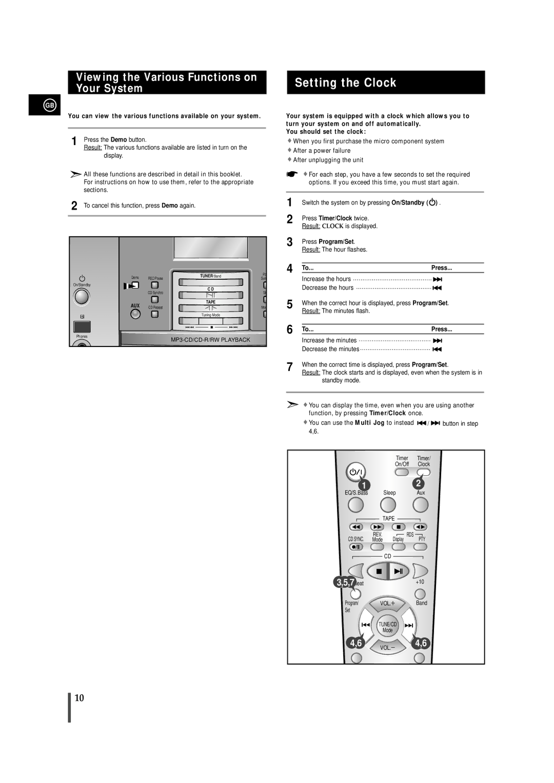 Samsung MMZB9RH/SPX, MMZB9RH/ELS manual Setting the Clock, Viewing the Various Functions on, Your System, Press Program/Set 