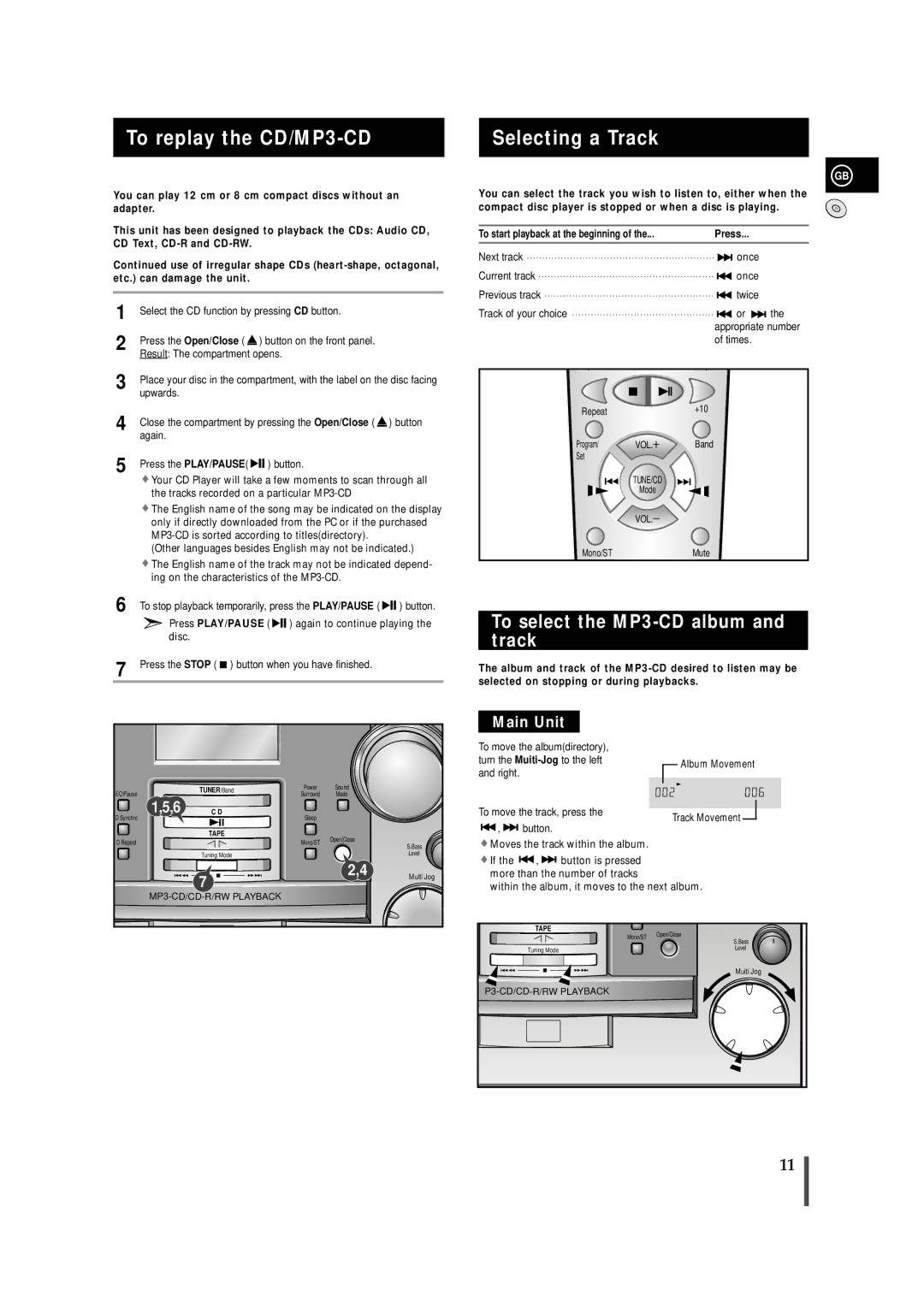 Samsung MMZB9QH/XFO To replay the CD/MP3-CD, Selecting a Track, To select the MP3-CD album and track, Press PLAY/PAUSE 