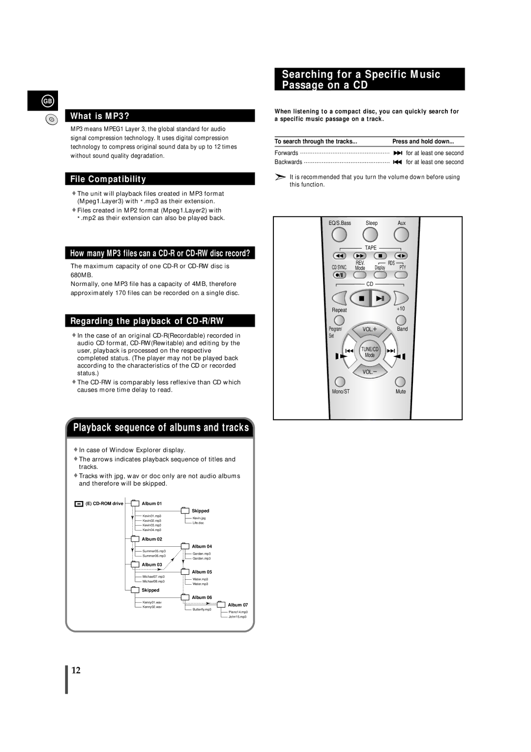 Samsung MMZB9RH/ELS Searching for a Specific Music Passage on a CD, Repeat+10 Program/ VOL. Band Set, Mode, Mono/STMute 