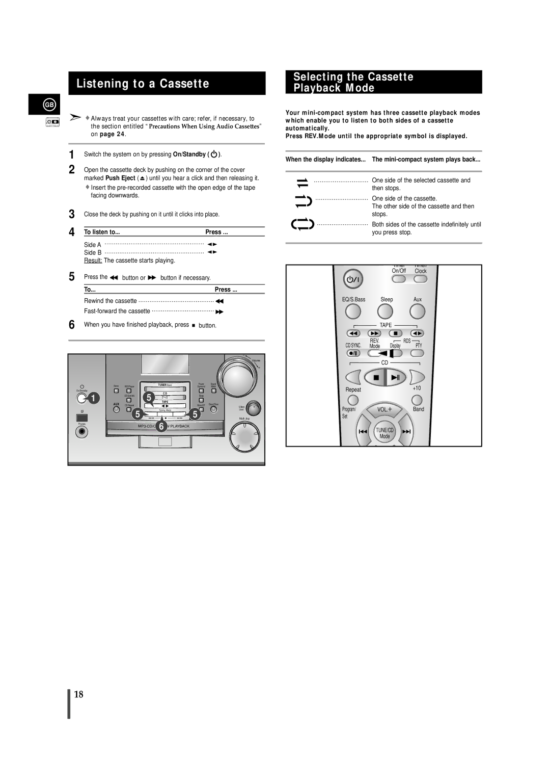 Samsung MMZB9RH/ELS, MMZB9RH/SPX, MMZB9QH/XFO manual Listening to a Cassette, Selecting the Cassette Playback Mode 