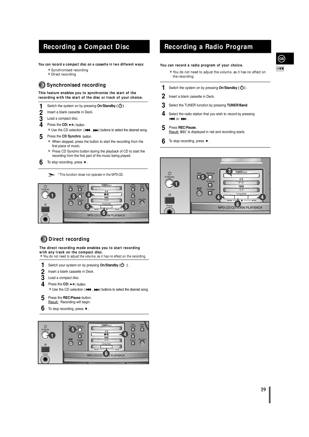 Samsung MMZB9RH/SPX, MMZB9RH/ELS manual Recording a Compact Disc, Insert a blank cassette in Deck, Load a compact disc 