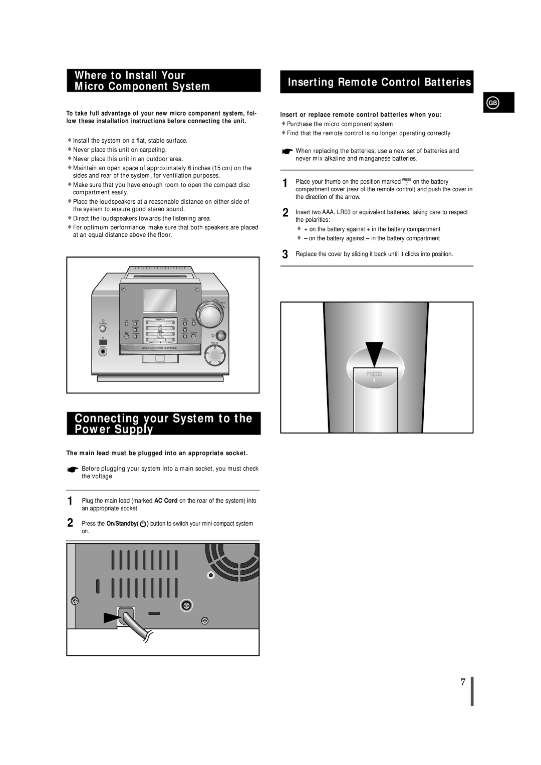 Samsung MMZB9RH/SPX, MMZB9RH/ELS Connecting your System to the Power Supply, Where to Install Your Micro Component System 