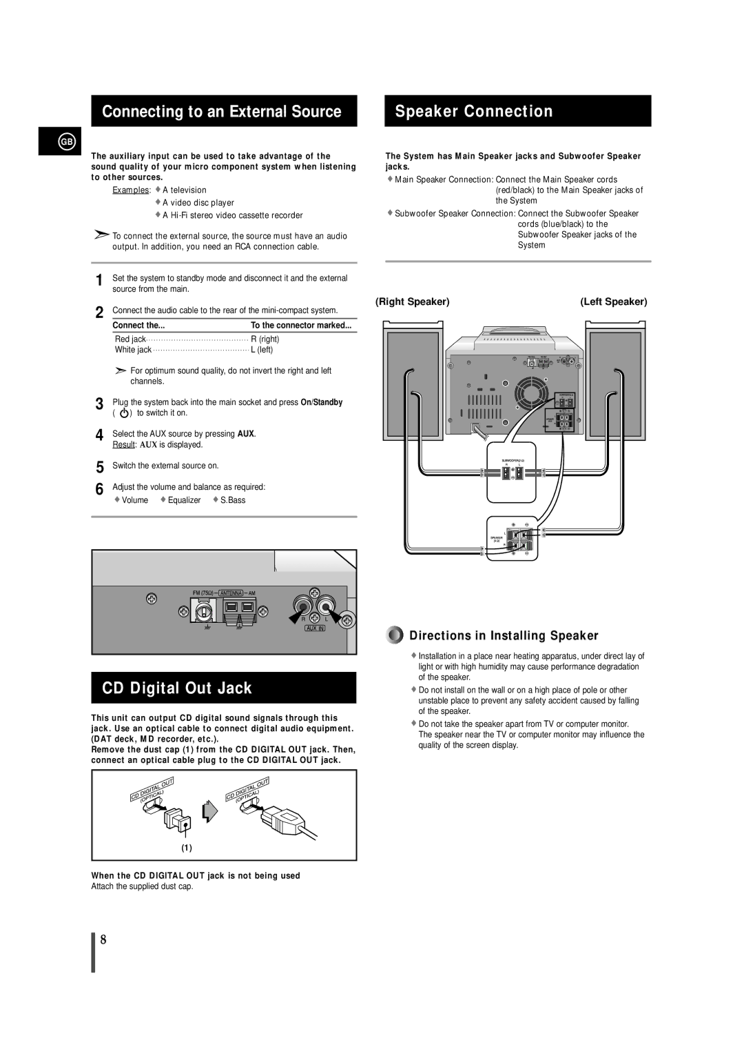 Samsung MMZB9QH/XFO, MMZB9RH/ELS, MMZB9RH/SPX Connecting to an External Source, CD Digital Out Jack, Speaker Connection 