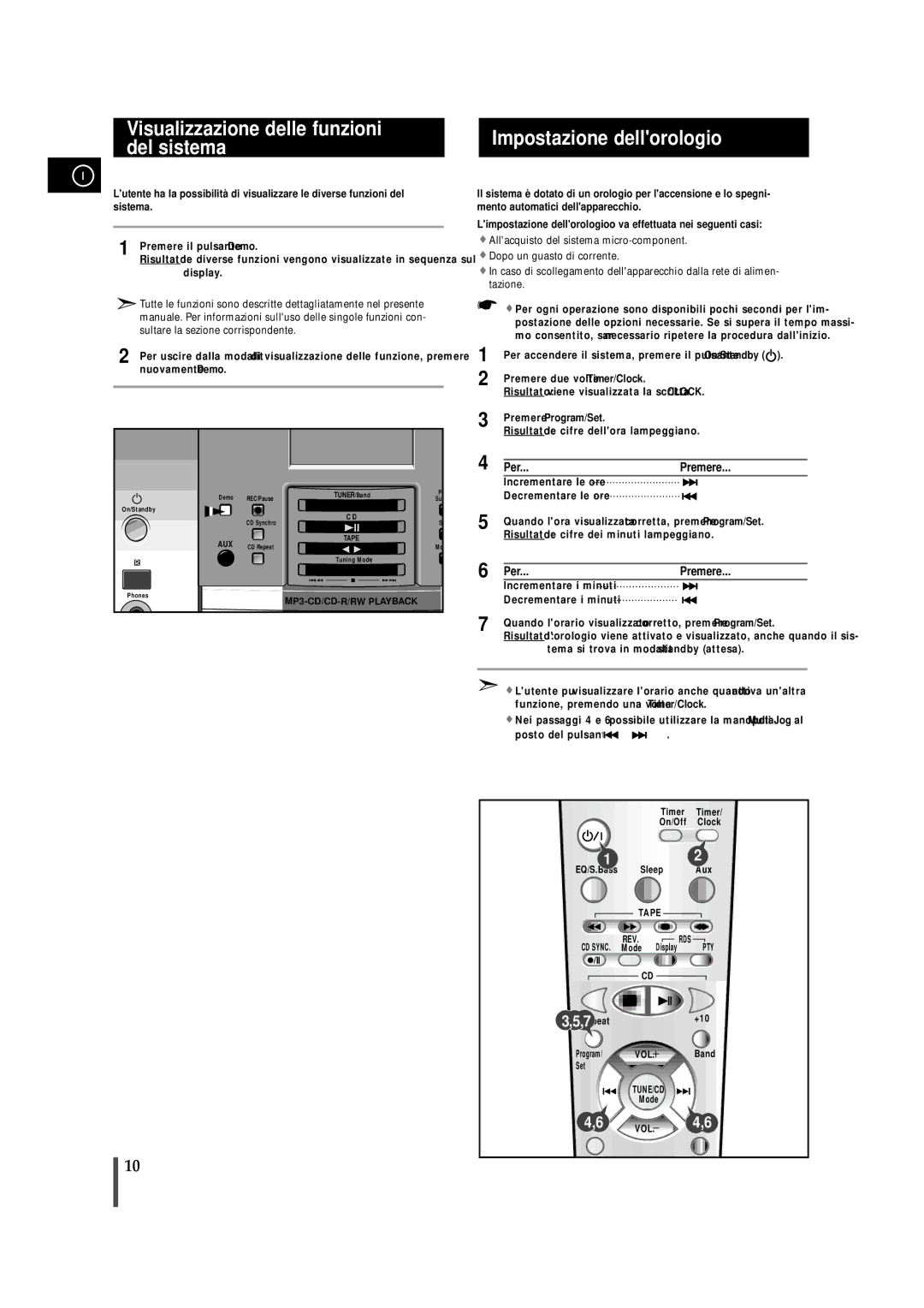 Samsung MMZB9RH/ELS manual Visualizzazione delle funzioni del sistema, Impostazione dellorologio, Premere Program/Set 