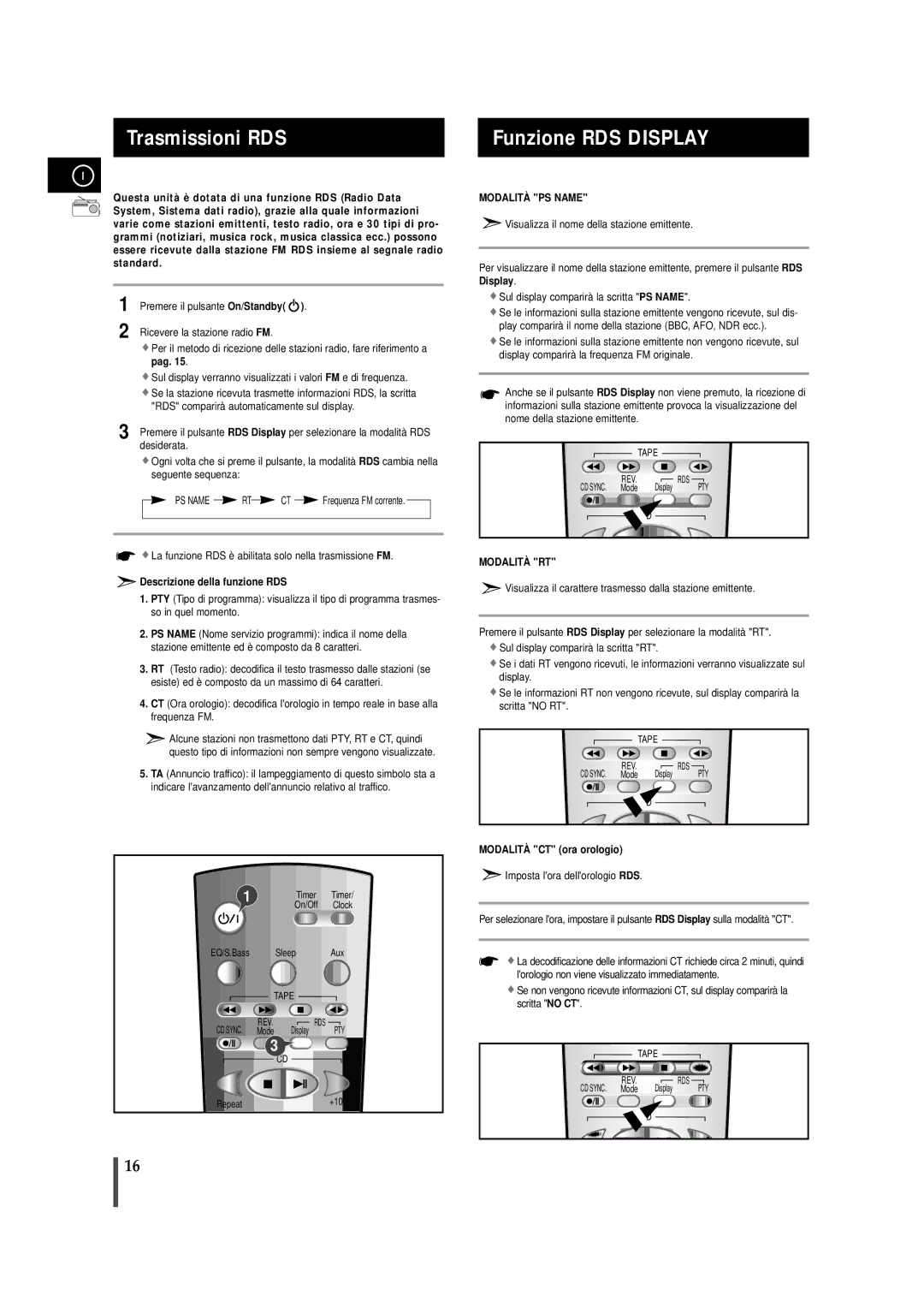 Samsung MMZB9RH/ELS manual Trasmissioni RDS, Funzione RDS Display, Descrizione della funzione RDS, Modalità CT ora orologio 