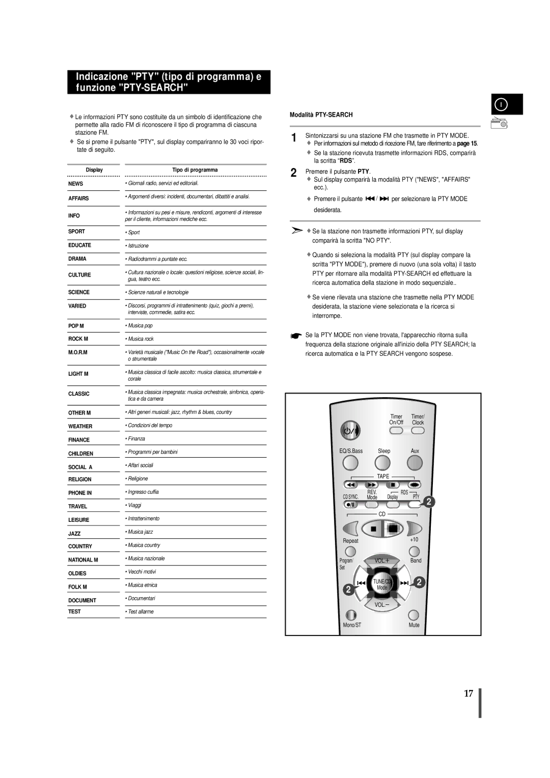 Samsung MMZB9RH/ELS manual Modalità PTY-SEARCH, La scritta RDS, Premere il pulsante PTY, Ecc Premere il pulsante 