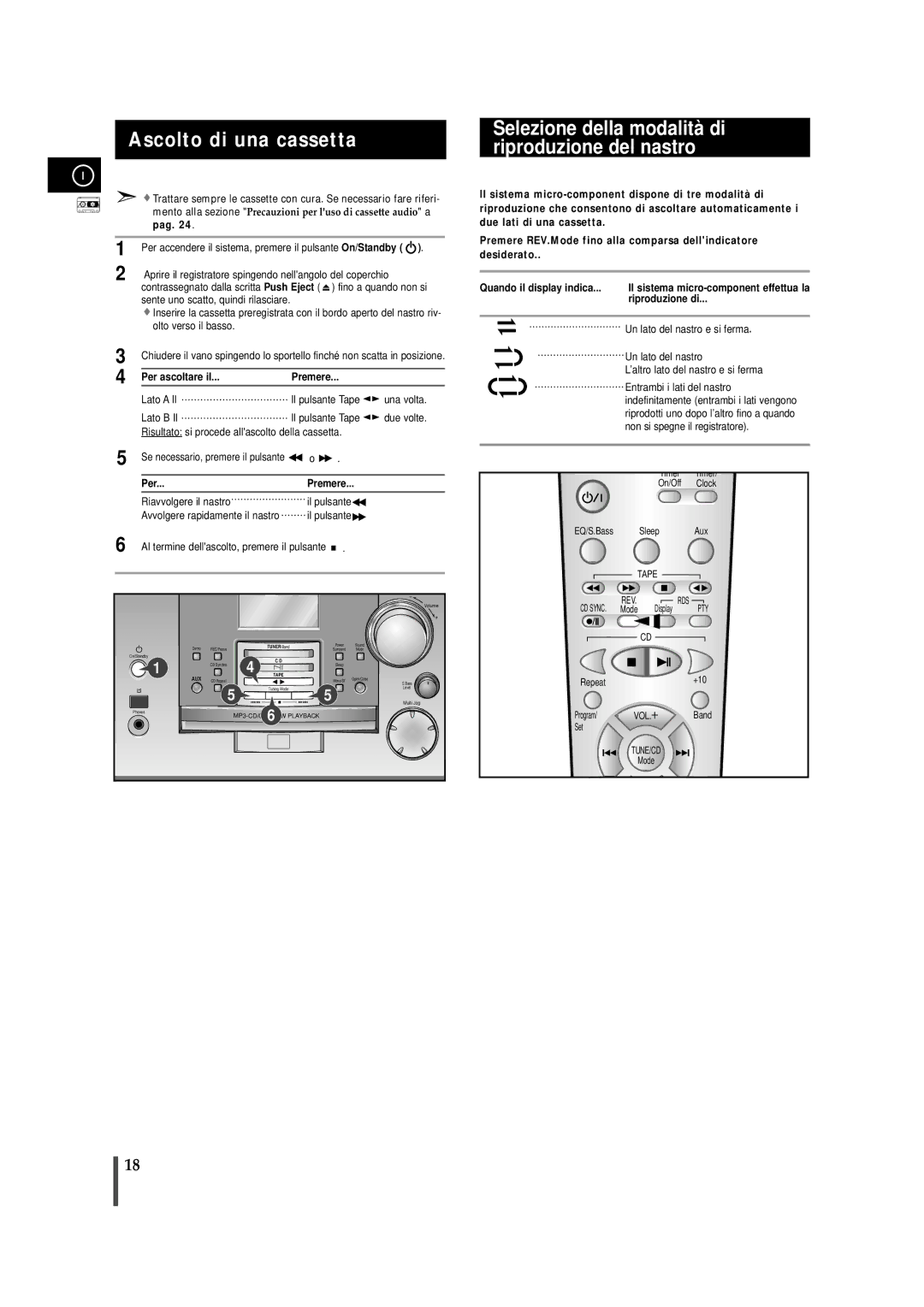 Samsung MMZB9RH/ELS manual Ascolto di una cassetta, Pag, Premere, Riproduzione di 