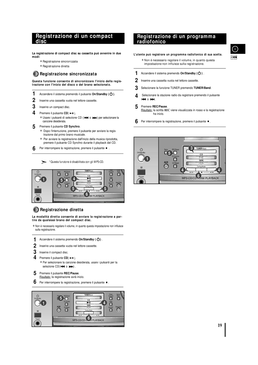 Samsung MMZB9RH/ELS manual Registrazione di un compact disc, Registrazione di un programma radiofonico, Premere REC/Pause 