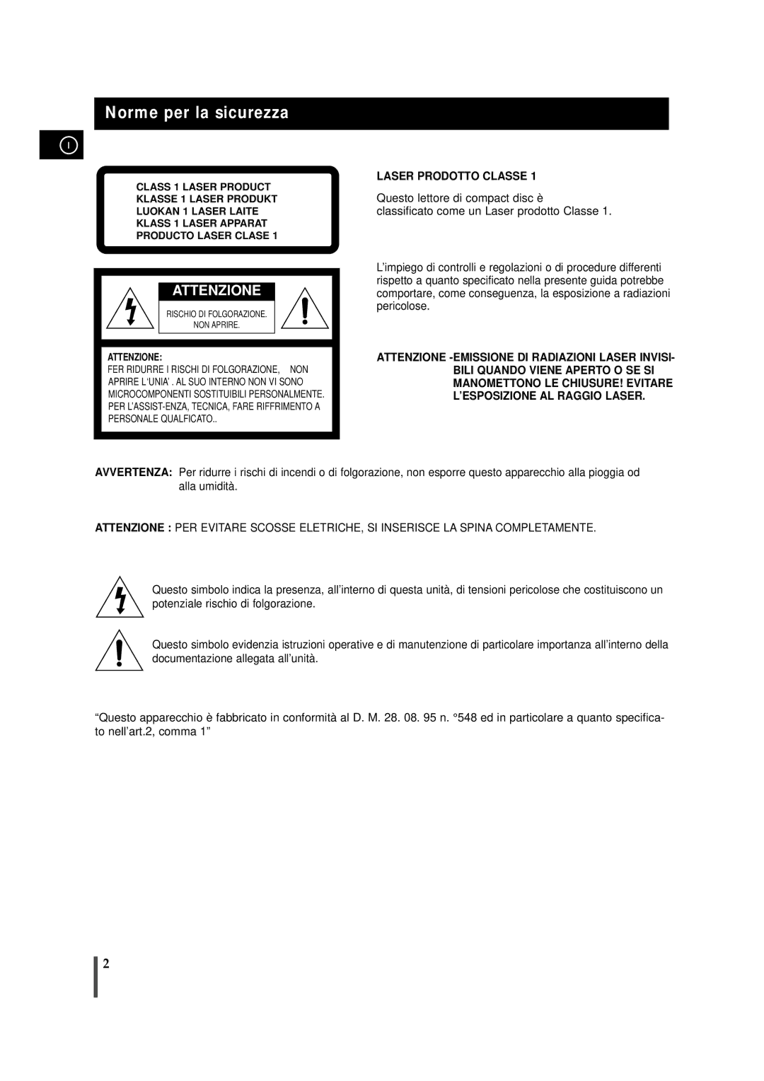 Samsung MMZB9RH/ELS manual Norme per la sicurezza, Laser Prodotto Classe 