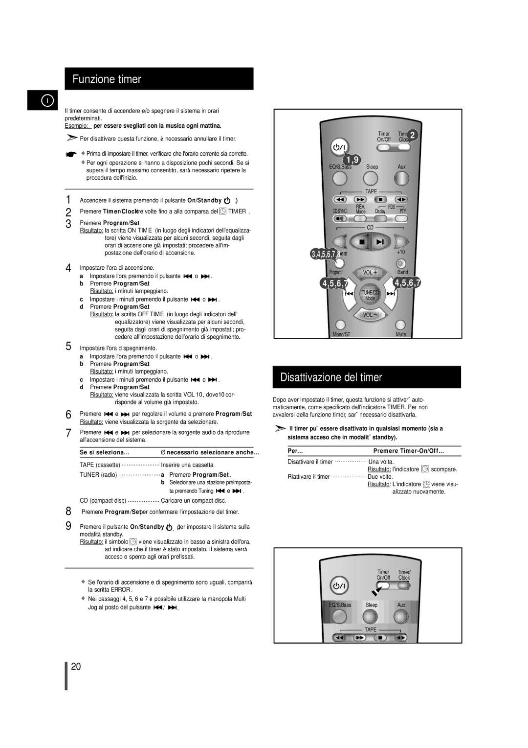 Samsung MMZB9RH/ELS manual Funzione timer, Disattivazione del timer 