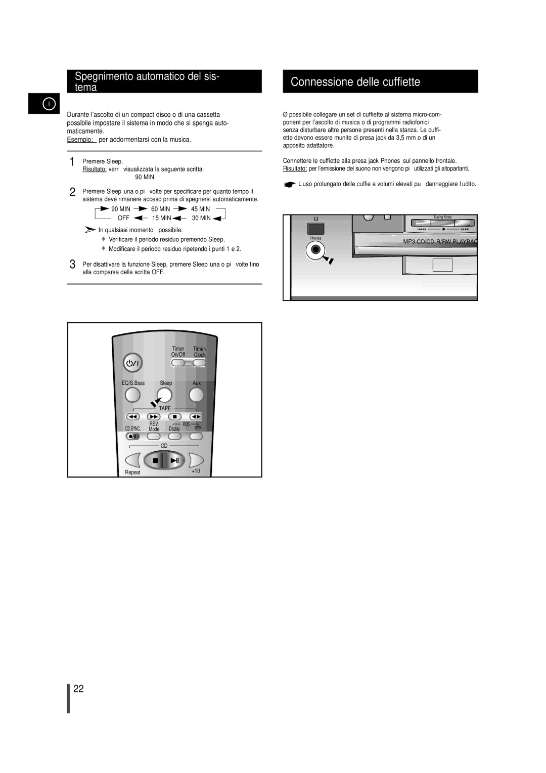 Samsung MMZB9RH/ELS manual Connessione delle cuffiette, Spegnimento automatico del sis- tema 