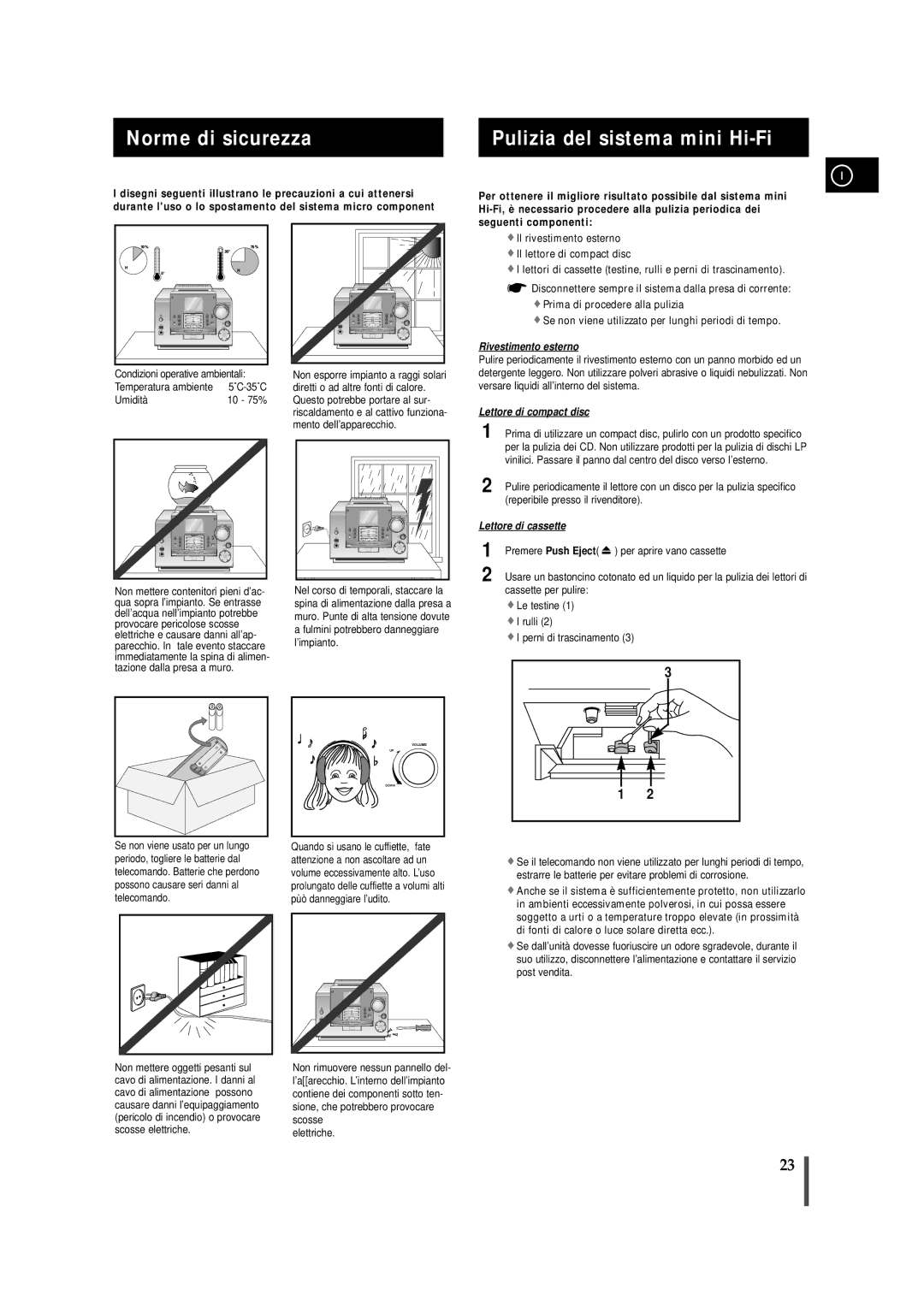 Samsung MMZB9RH/ELS manual Norme di sicurezza Pulizia del sistema mini Hi-Fi, Premere Push Eject 