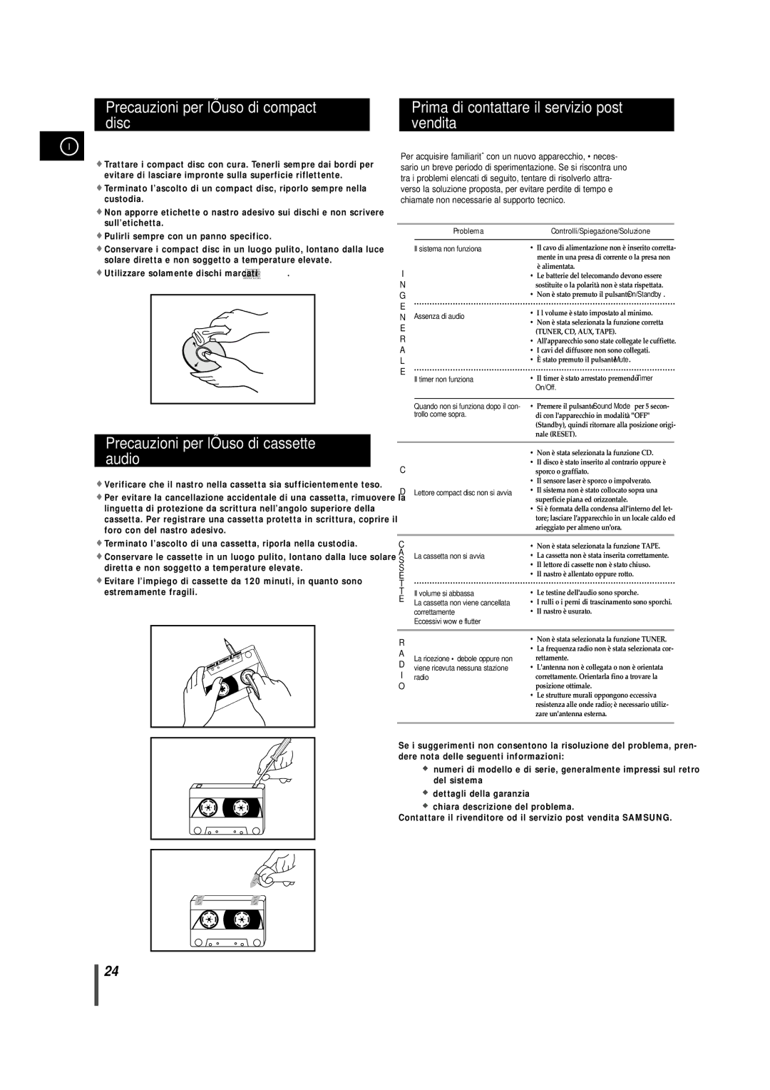 Samsung MMZB9RH/ELS manual Precauzioni per l’uso di compact disc, Prima di contattare il servizio post vendita 