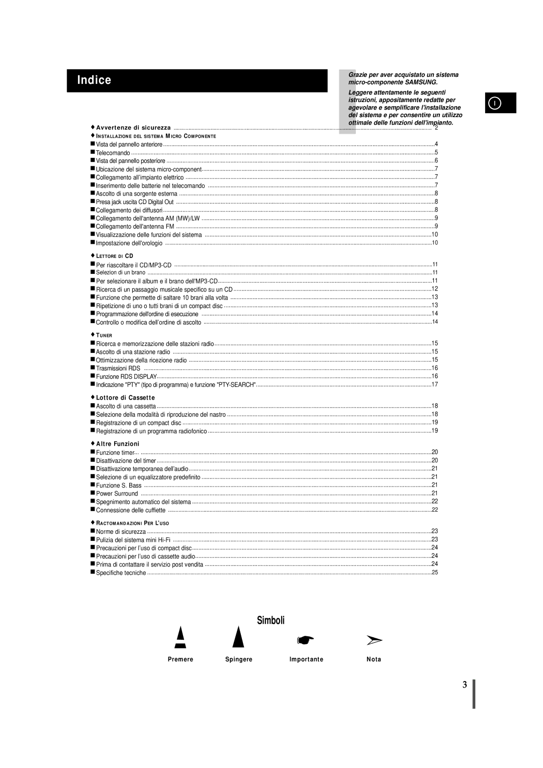 Samsung MMZB9RH/ELS manual Indice, Lottore di Cassette, Altre Funzioni, Premere Spingere Importante Nota 