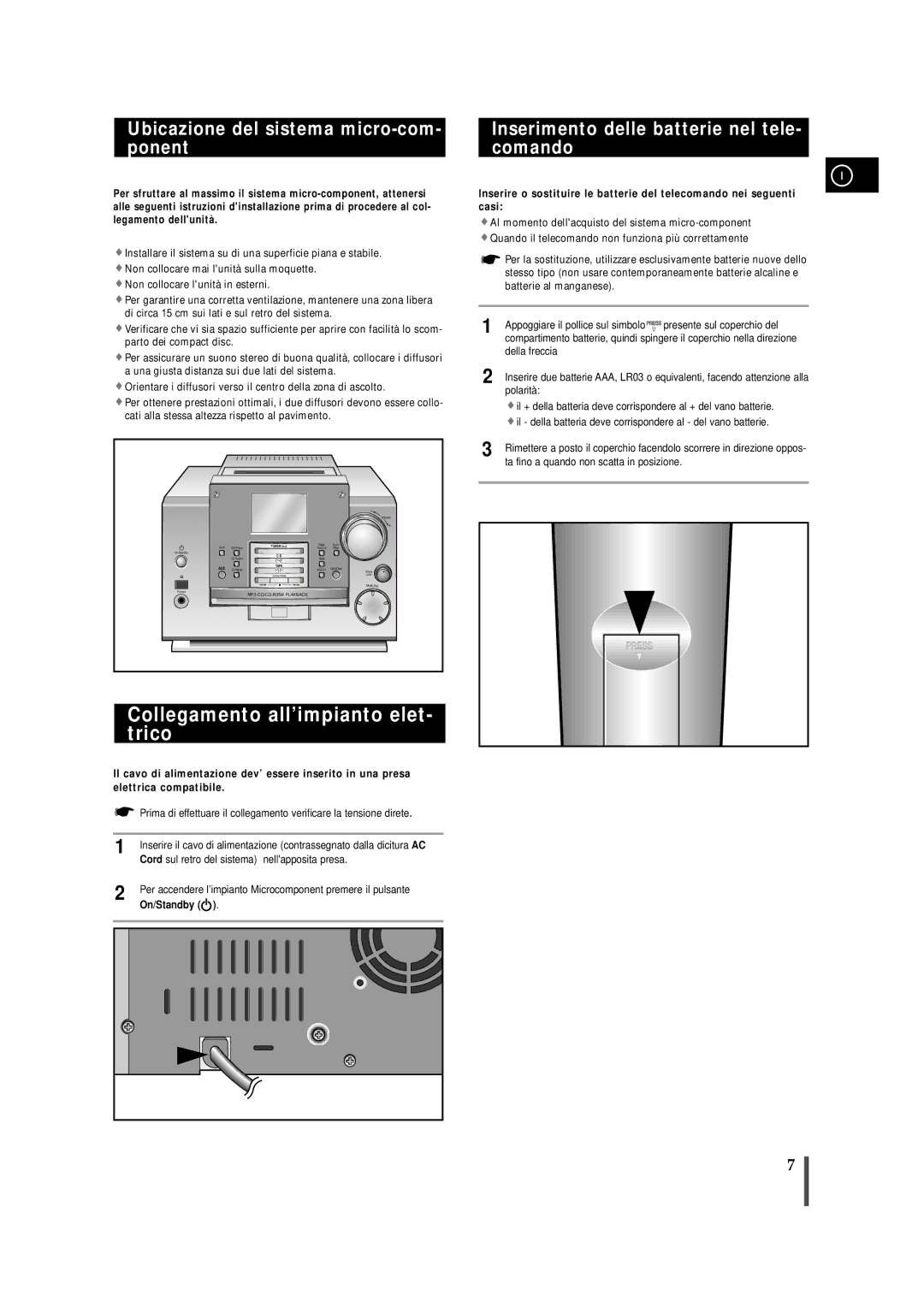 Samsung MMZB9RH/ELS manual Collegamento all’impianto elet- trico, Ubicazione del sistema micro-com- ponent, Della freccia 