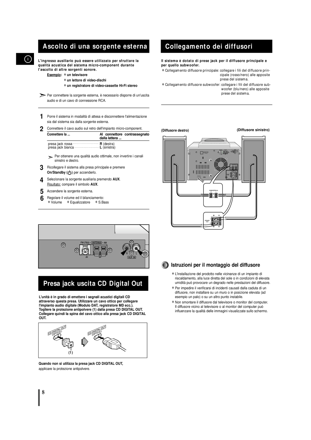 Samsung MMZB9RH/ELS manual Ascolto di una sorgente esterna, Collegamento dei diffusori, Presa jack uscita CD Digital Out 