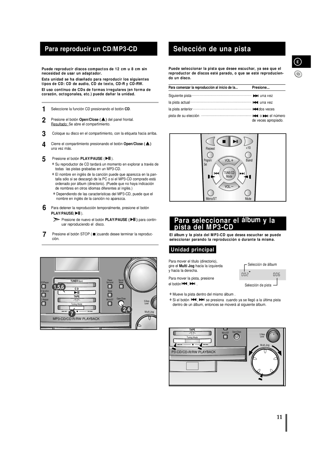 Samsung MMZB9RH/ELS Selección de una pista, Para seleccionar el á lbum y la pista del MP3-CD, Para reproducir un CD/MP3-CD 