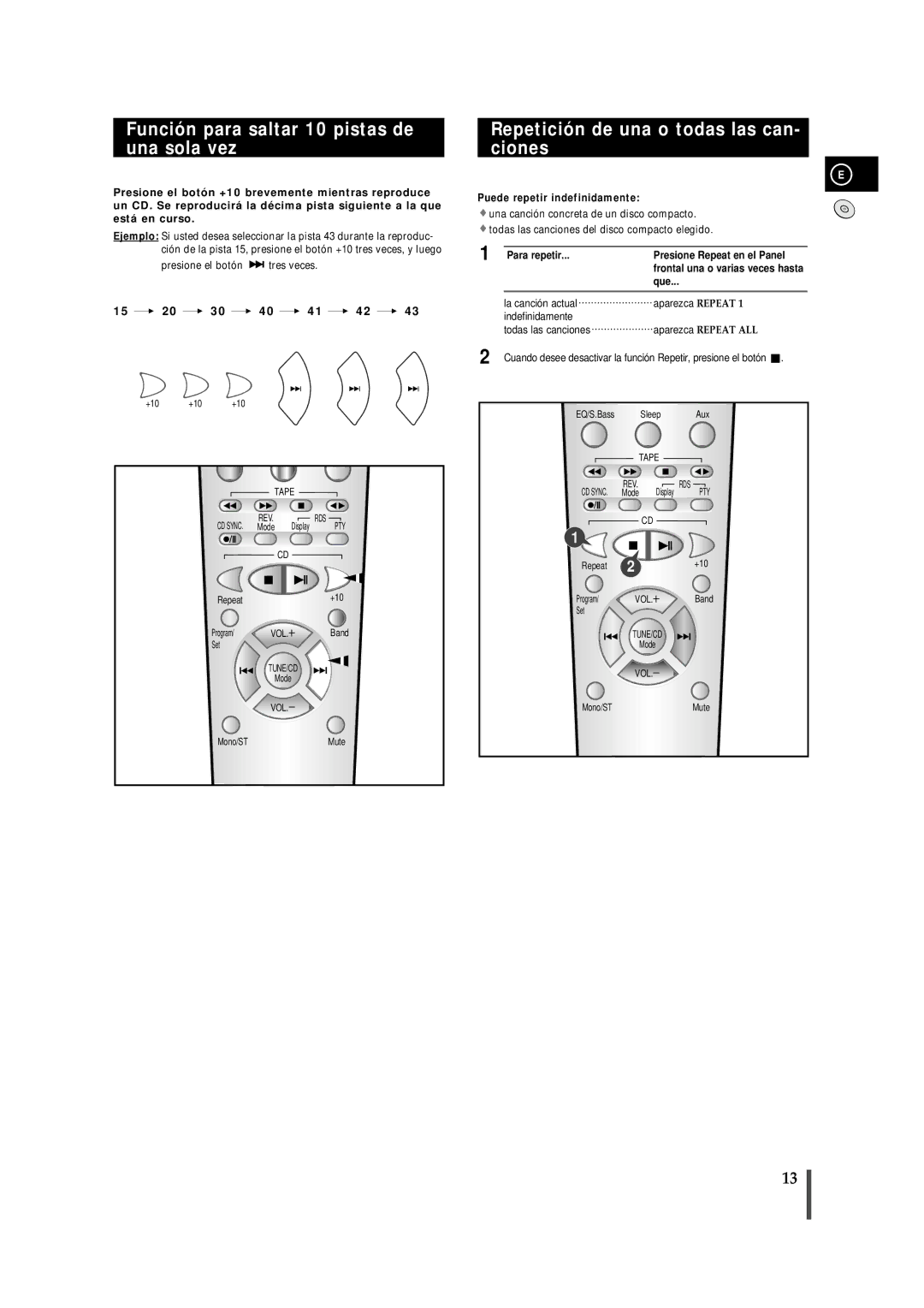 Samsung MMZB9RH/ELS Función para saltar 10 pistas de una sola vez, Repetición de una o todas las can- ciones, +10 +10 +10 
