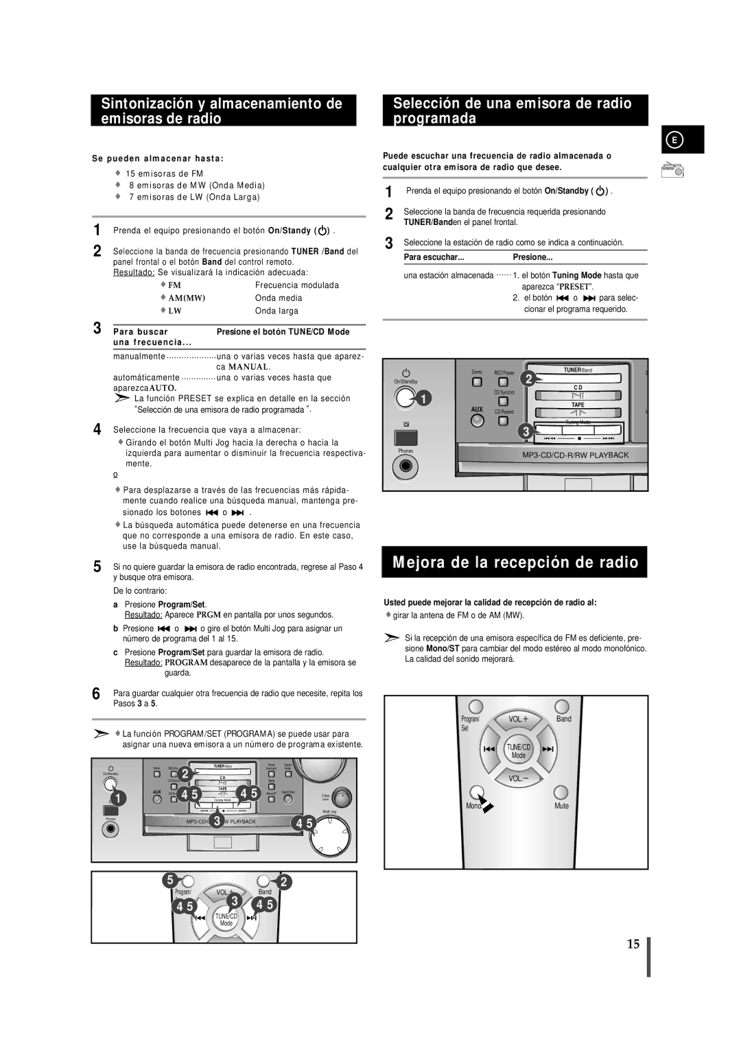 Samsung MMZB9RH/ELS manual Mejora de la recepción de radio, Sintonización y almacenamiento de emisoras de radio 