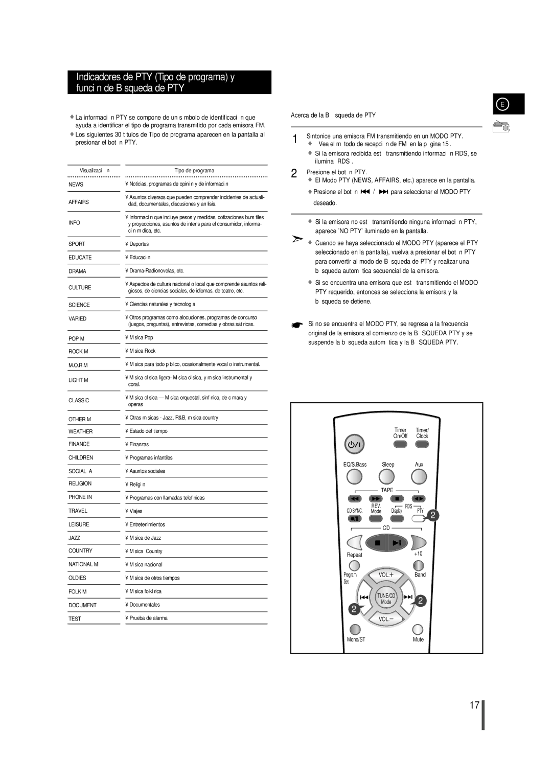 Samsung MMZB9RH/ELS manual Acerca de la Bú squeda de PTY 