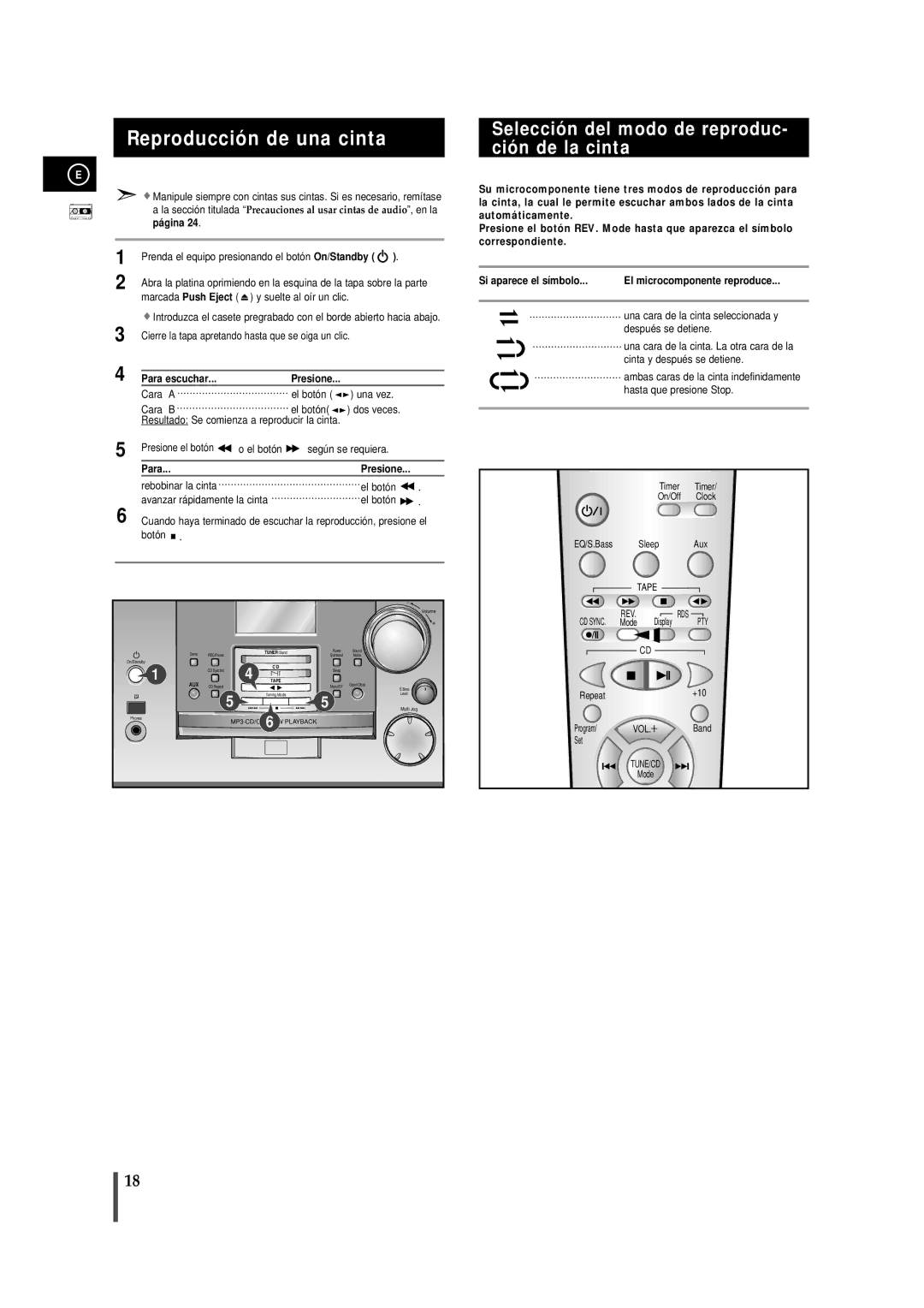 Samsung MMZB9RH/ELS manual Reproducción de una cinta, Selección del modo de reproduc- ción de la cinta, Para escuchar 