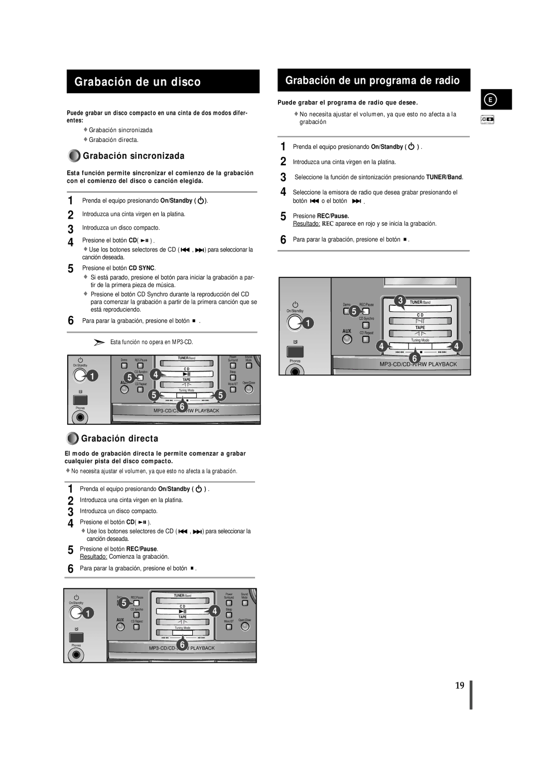 Samsung MMZB9RH/ELS manual Grabación de un disco, Introduzca una cinta virgen en la platina, Introduzca un disco compacto 