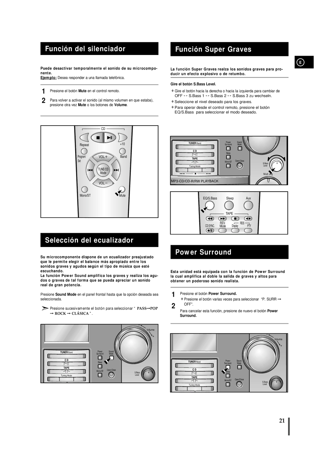 Samsung MMZB9RH/ELS manual Función del silenciador, Selección del ecualizador, Función Super Graves, Power Surround 