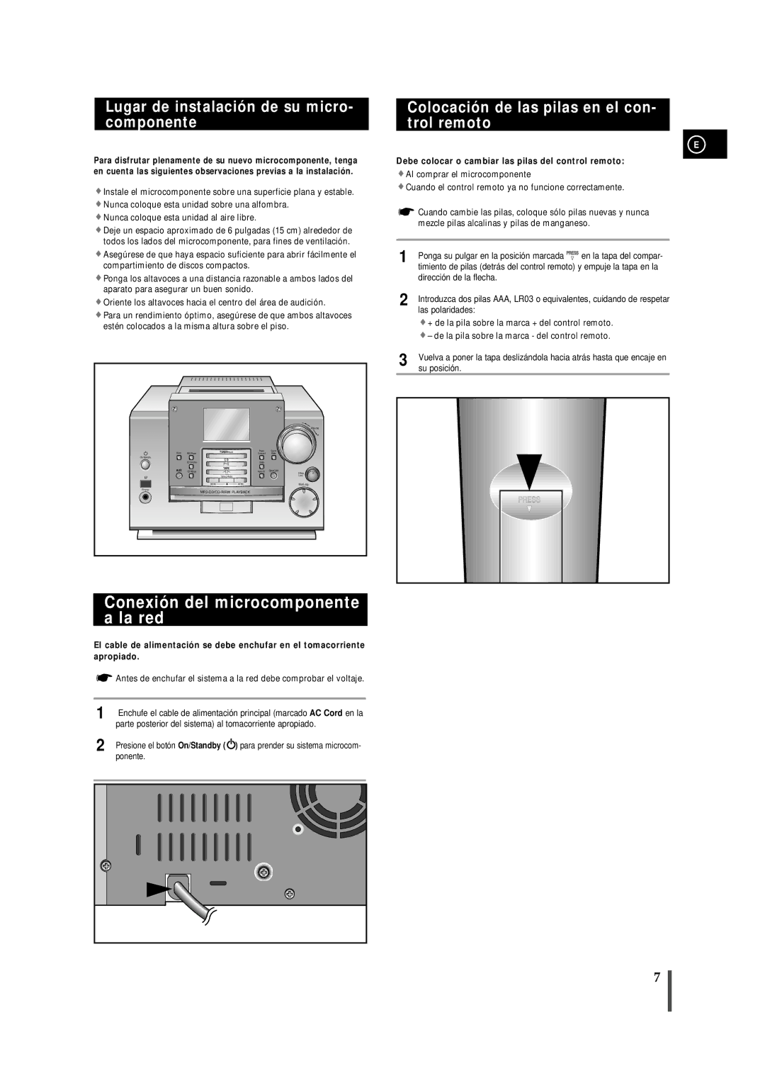 Samsung MMZB9RH/ELS manual Conexión del microcomponente a la red, Lugar de instalación de su micro- componente, Su posición 