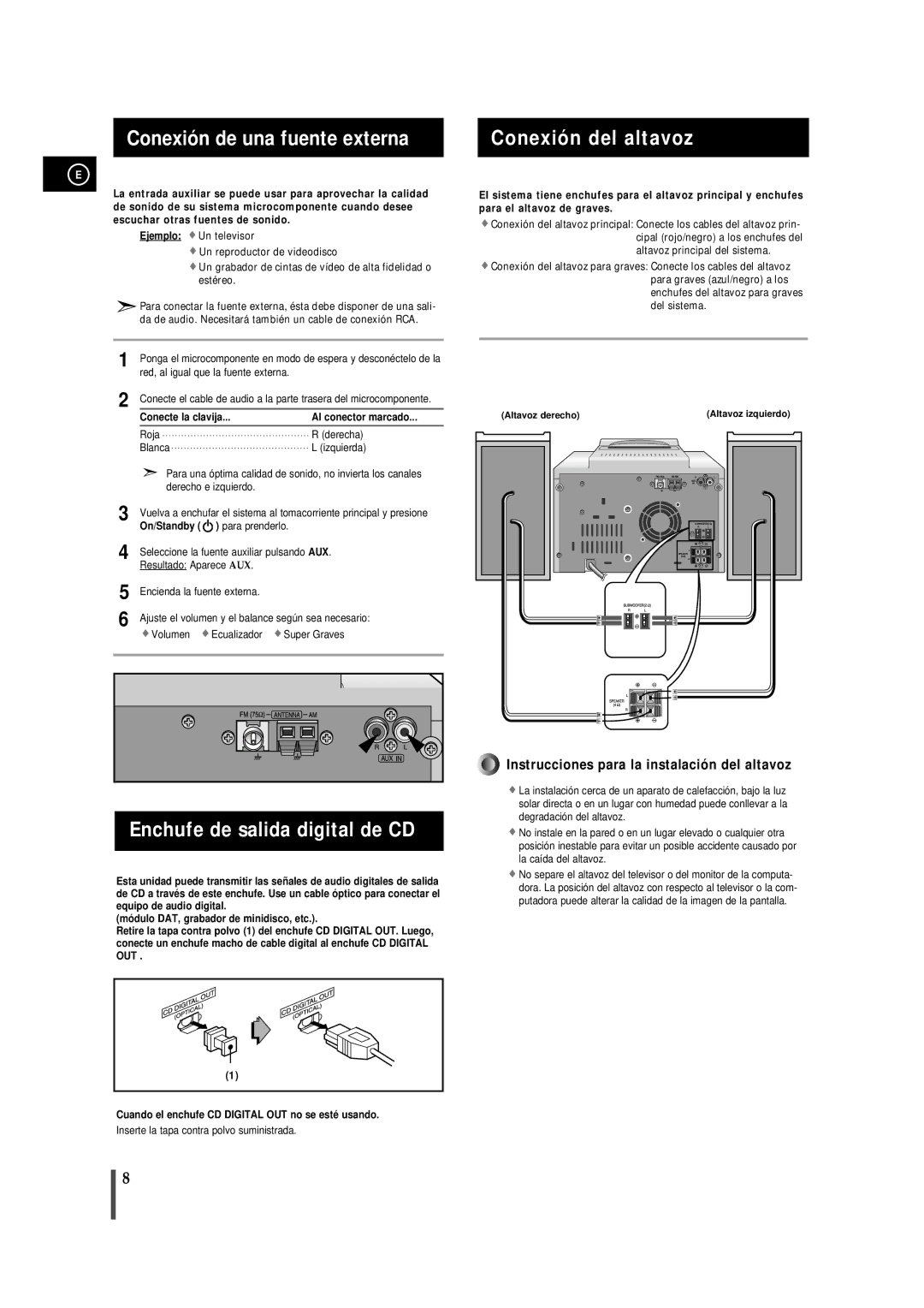 Samsung MMZB9RH/ELS Conexión de una fuente externa, Enchufe de salida digital de CD, Conexión del altavoz, On/Standby 