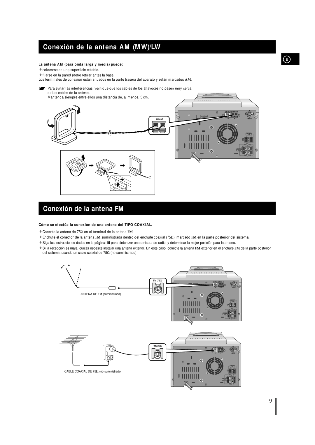 Samsung MMZB9RH/ELS manual Conexión de la antena AM MW/LW, Conexión de la antena FM 