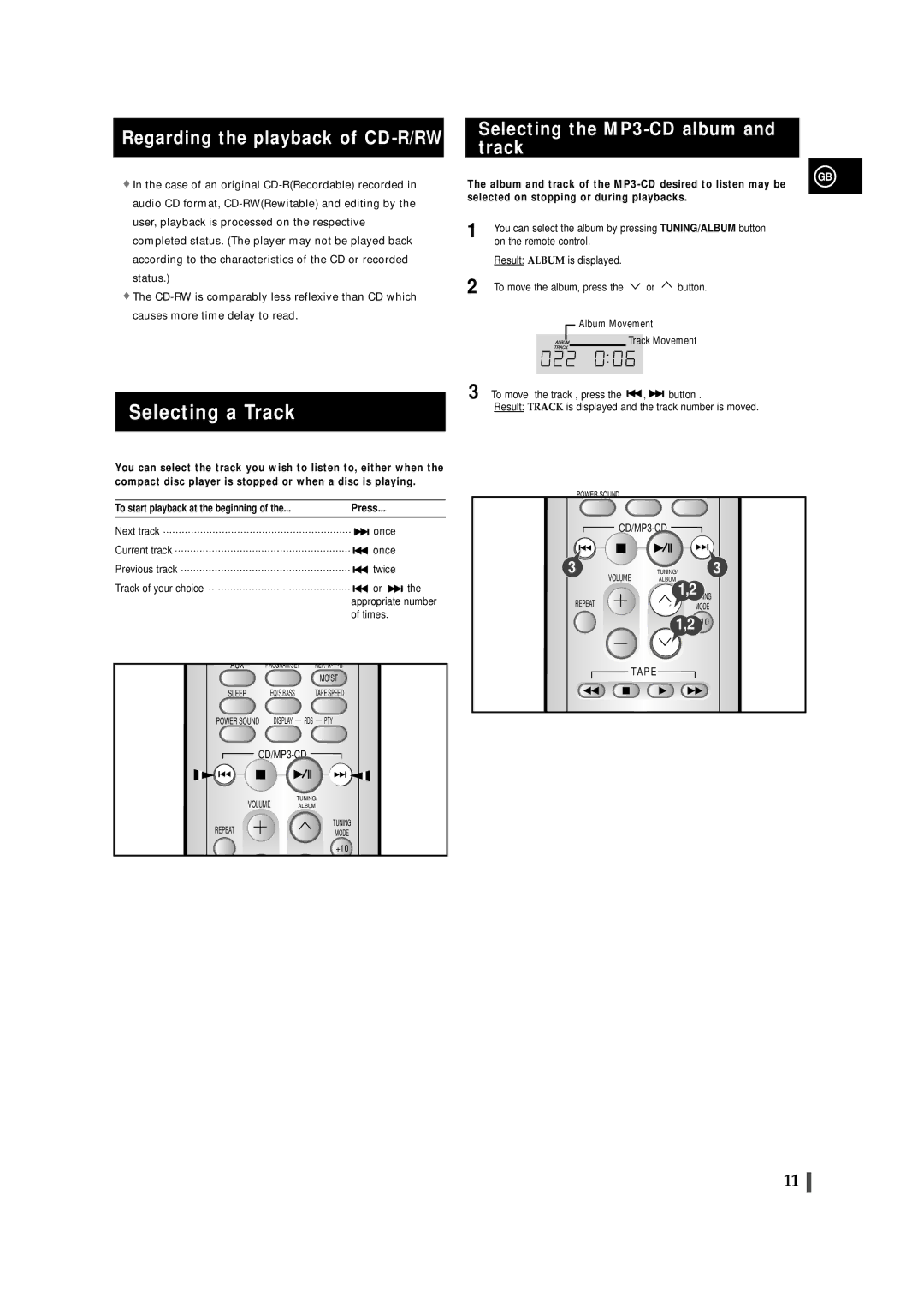 Samsung MMZJ6QH/XFO, MM-ZJ6 Selecting a Track, Regarding the playback of CD-R/RW, Selecting the MP3-CD album and track 