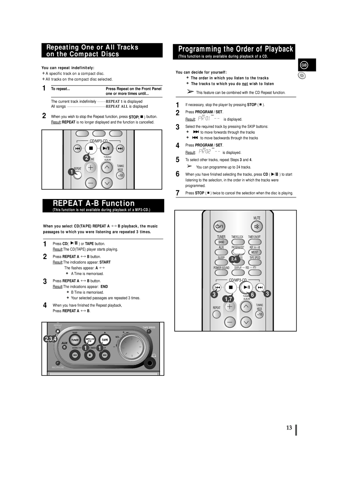 Samsung MM-ZJ6, MMZJ6RH/ELS, MMZJ6QH/XFO manual Repeat A-B Function, Repeating One or All Tracks on the Compact Discs 