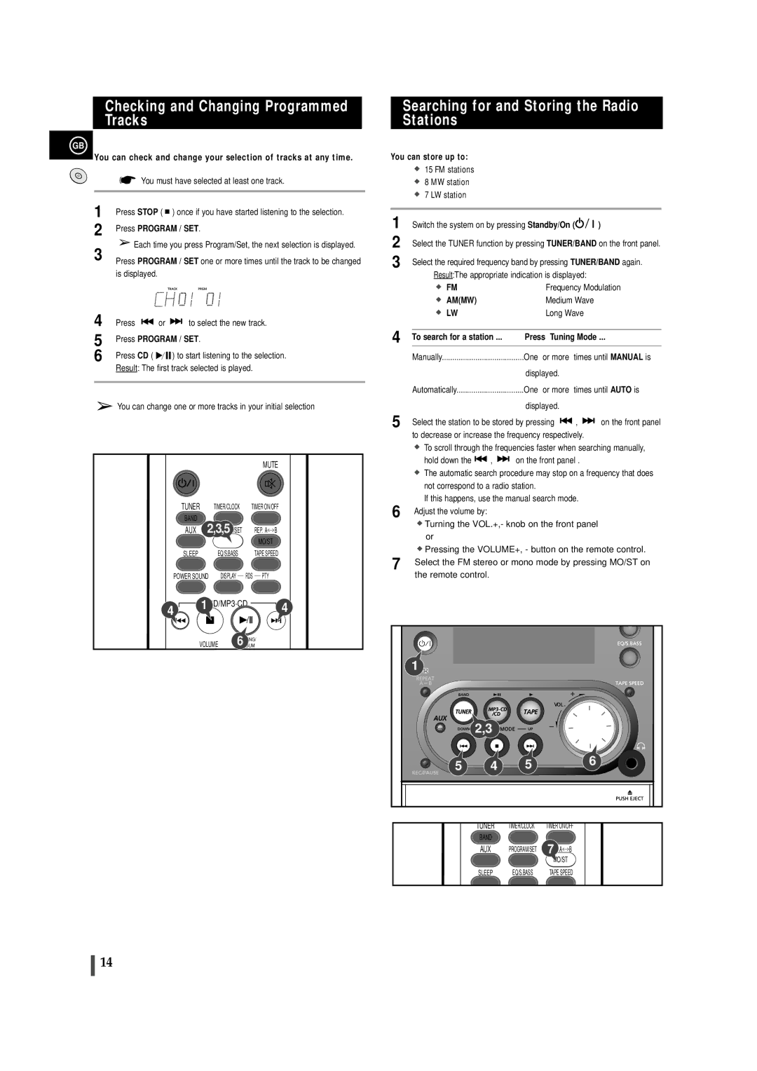 Samsung MMZJ6QH/XFO, MMZJ6RH/ELS Checking and Changing Programmed Tracks, Searching for and Storing the Radio Stations 