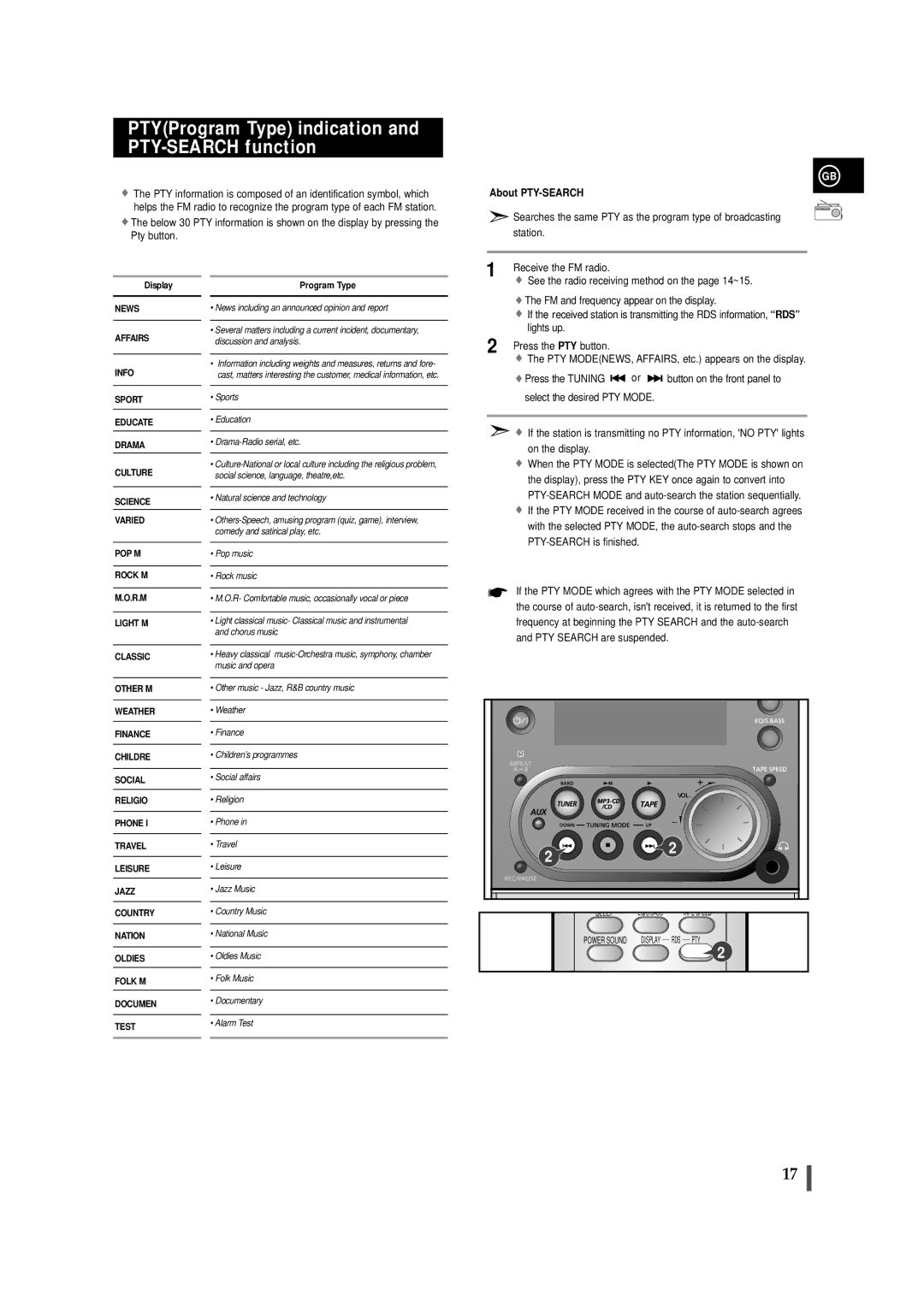 Samsung MMZJ6QH/XFO, MMZJ6RH/ELS, MM-ZJ6 manual PTYProgram Type indication and PTY-SEARCH function, About PTY-SEARCH 