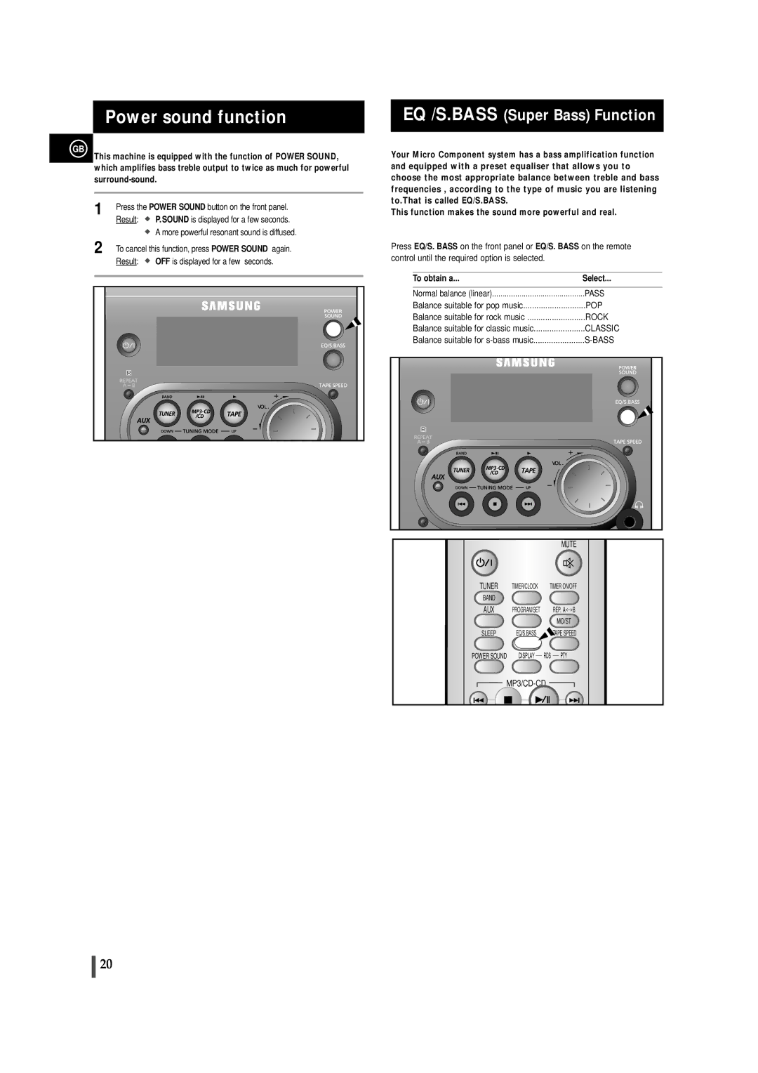 Samsung MMZJ6QH/XFO, MM-ZJ6 Power sound function, EQ /S.BASS Super Bass Function, Result, To obtain a Select, MP3/CD-CD 