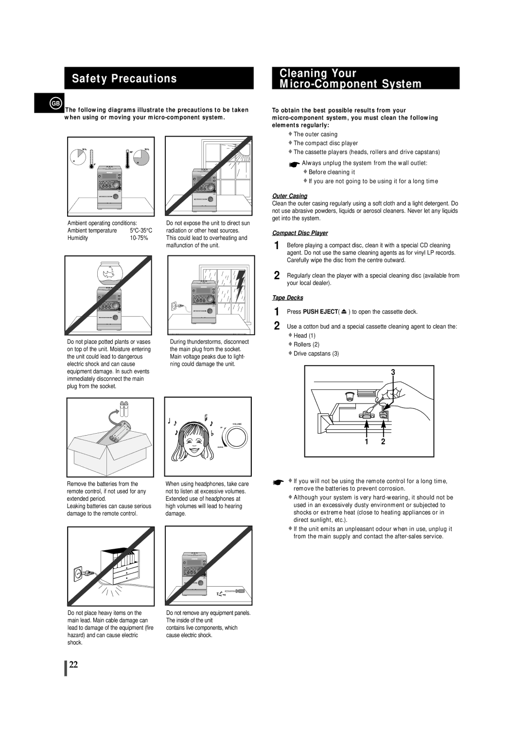 Samsung MM-ZJ6, MMZJ6RH/ELS, MMZJ6QH/XFO manual Safety Precautions Cleaning Your Micro-Component System, Press Push Eject 